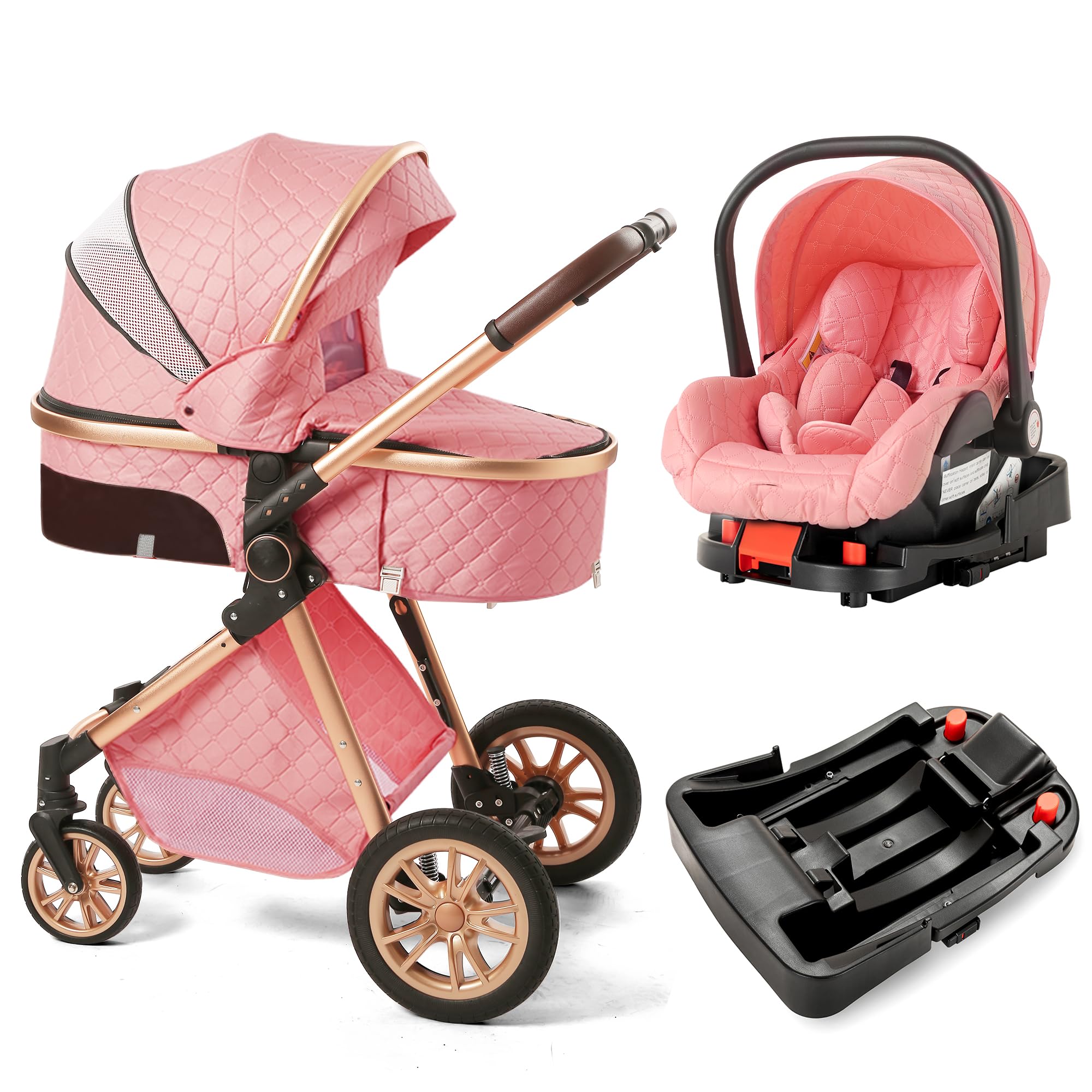 3-in-1 Reversible Baby Travel System - Foldable Infant Stroller with Car Seat Base | Lightweight Pushchair for Newborns | High Landscape Reclining Pram (Pink) - Perfect for Shopping, Travel & Outdoor Walks