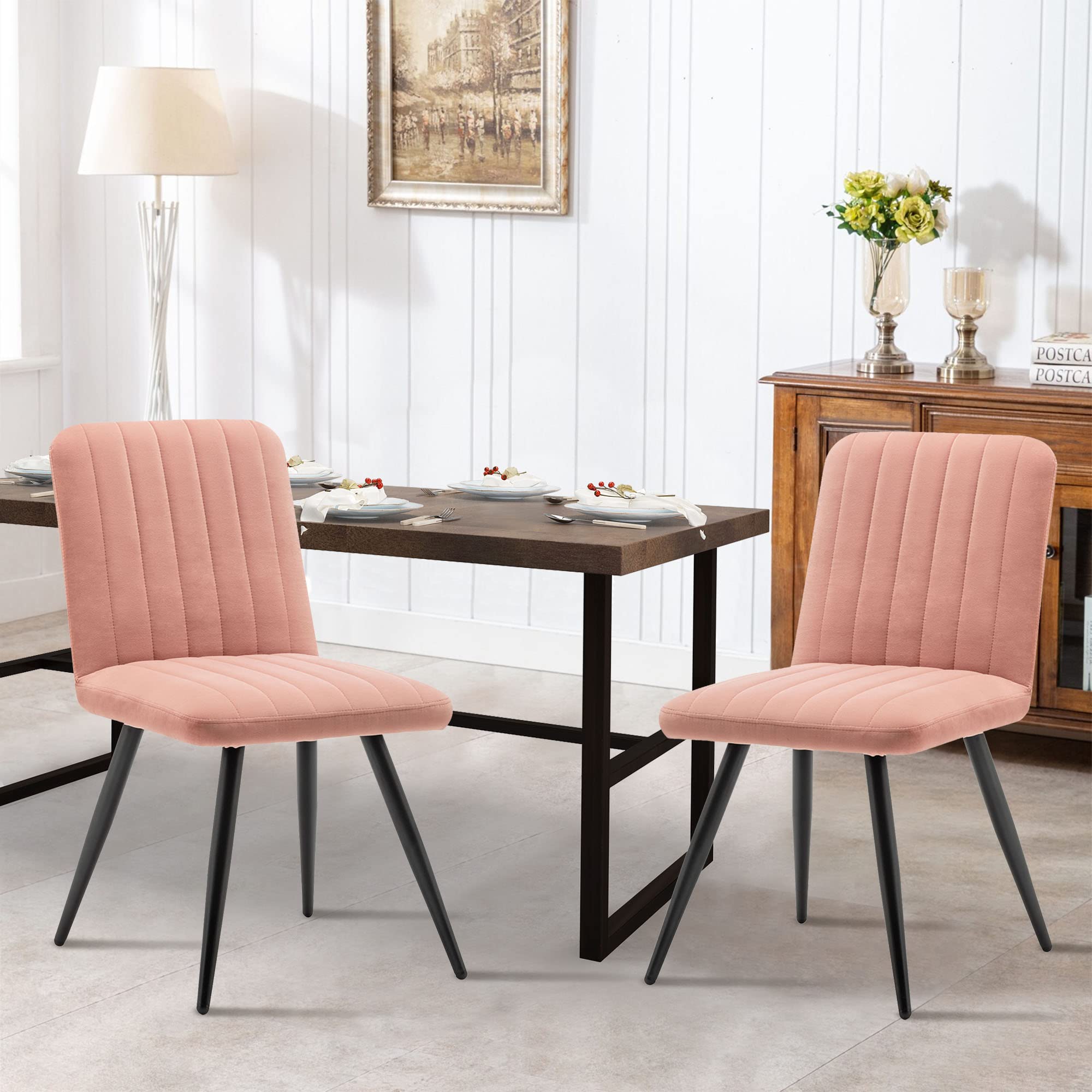 Modern Velvet Dining Chairs Set of 2 - Mid Century Upholstered Accent Chairs with Metal Legs for Living Room, Kitchen, or Office Desk - Soft Pink Velvet Seating for Home Decor & Dining Area