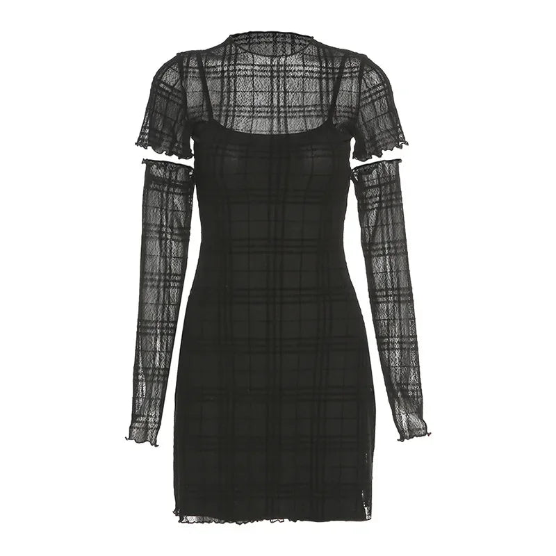 Black Mesh Plaid Dress 3-Piece Set | Dark Academia Mall Goth Bodycon Mini Dress | Egirl Style Outfit for Women | Perfect for Halloween, Cosplay & Nightclub Outfits