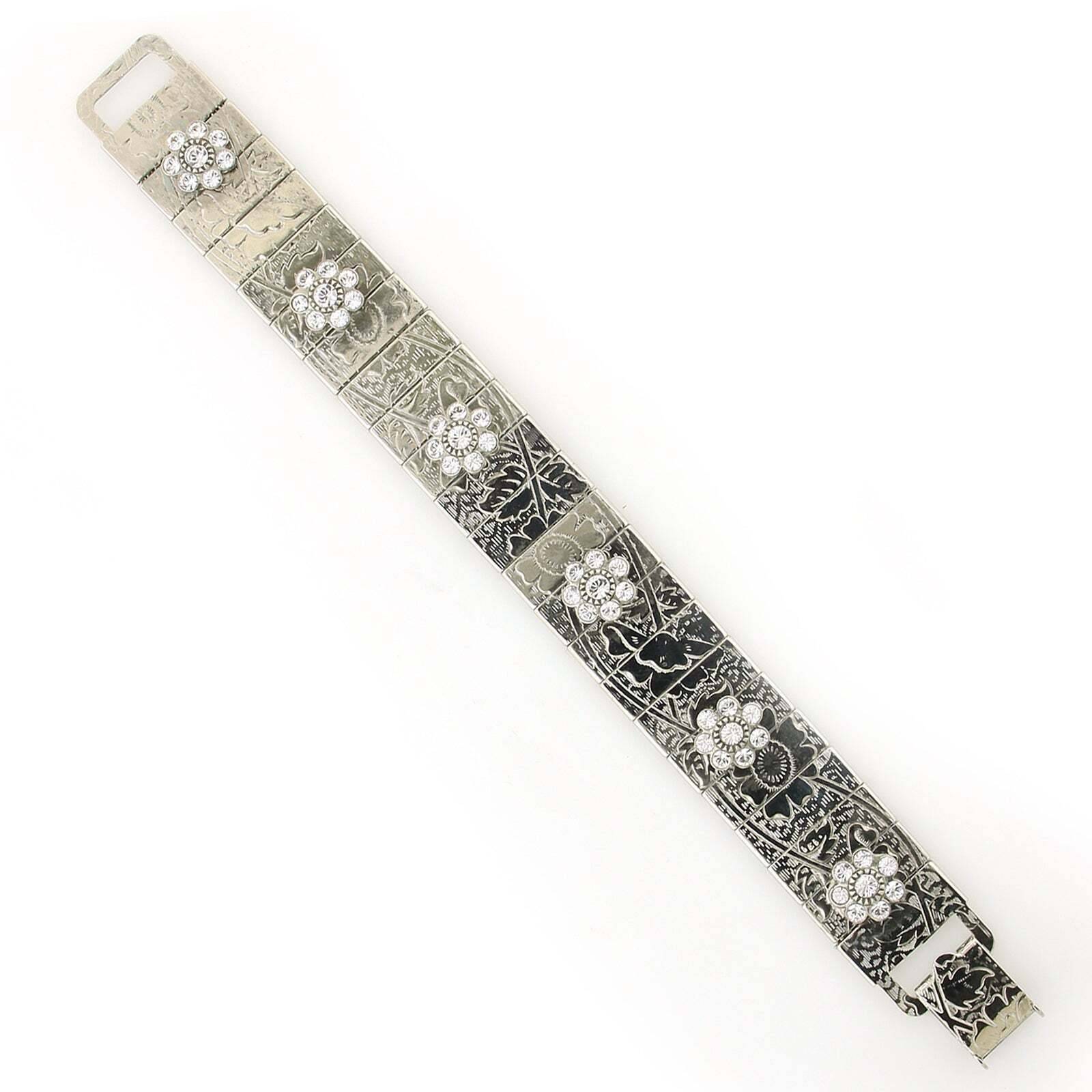 1928 Jewelry Crystal Flower Etched Floral Clasp Bracelet for Women - Elegant Vintage Style Adjustable Chain Wrist Jewelry for Party, Wedding & Special Occasions