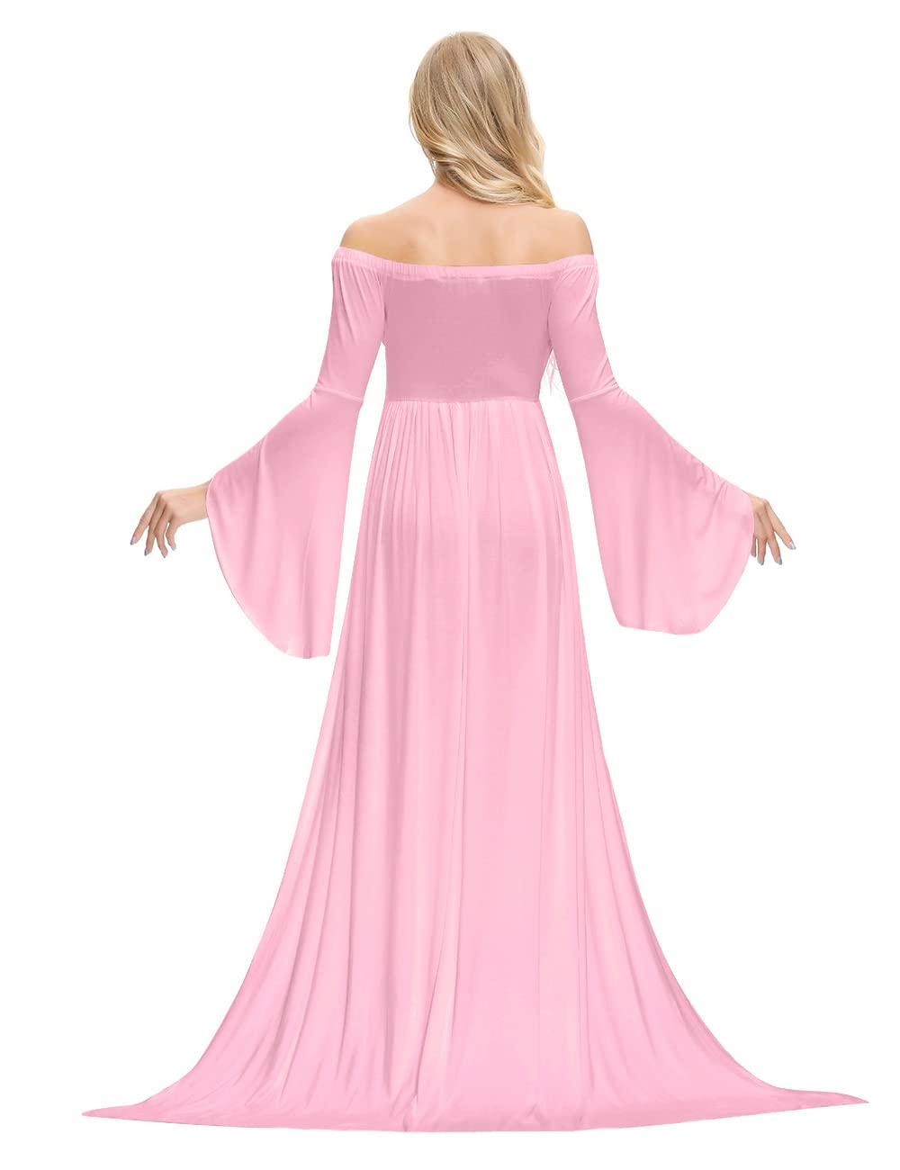 VSNOW Maternity Photoshoot Dress - Elegant Off Shoulder Drop Sleeve Maxi Gown with High Slit for Pregnancy Photography, Baby Shower & Maternity Portraits