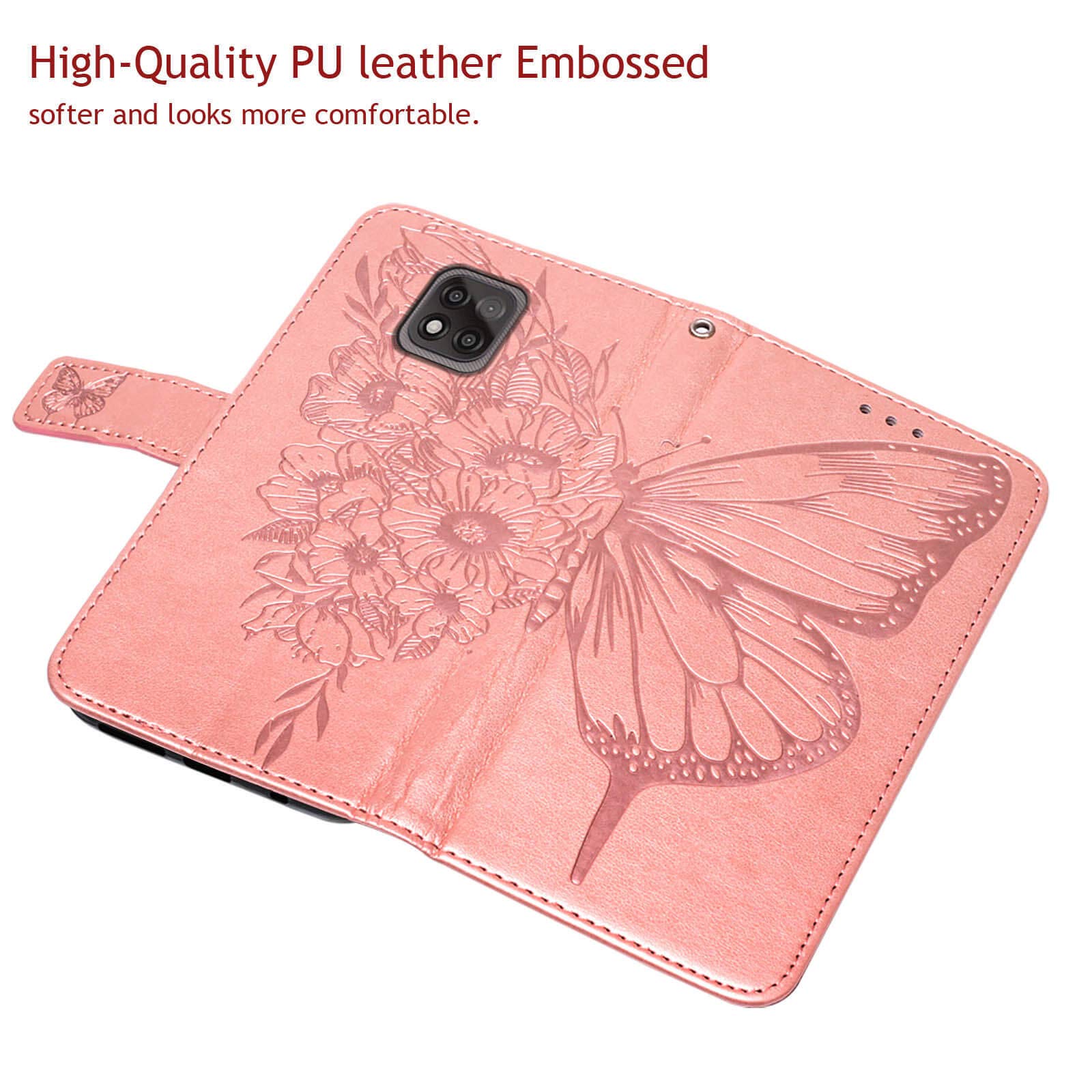 Premium Leather Wallet Phone Case for Moto G Power 2021 - Floral Embossed Butterfly Design with Wrist Strap, Card Holder & Kickstand (Rose Gold) | Protective Flip Cover for Everyday Use & Travel
