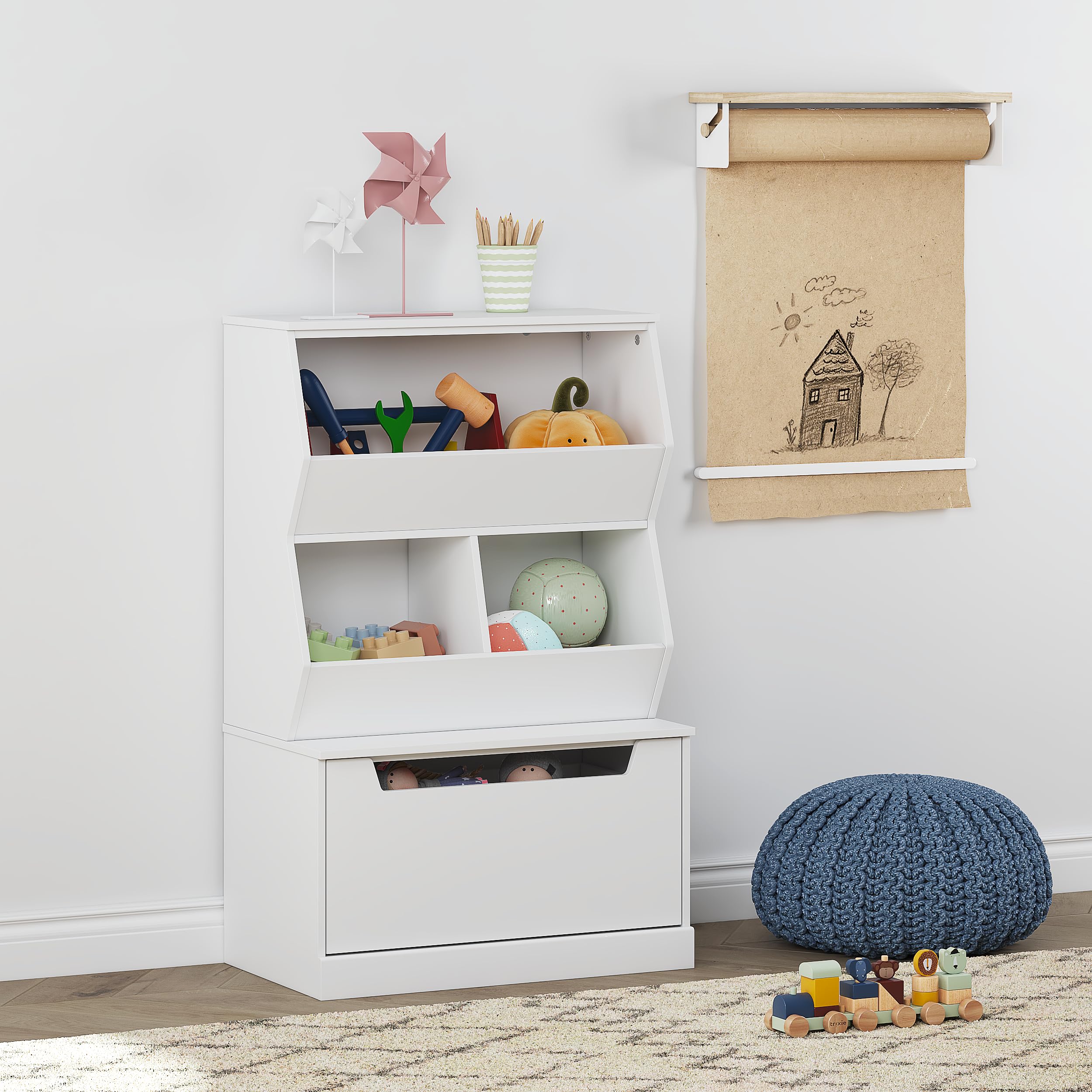 UTEX Kids Toy Storage Cabinet with Drawers and Cubbies - Organizer for Playroom, Classroom, Nursery - White - Perfect for Organizing Toys, Books, and Art Supplies in Kids Rooms