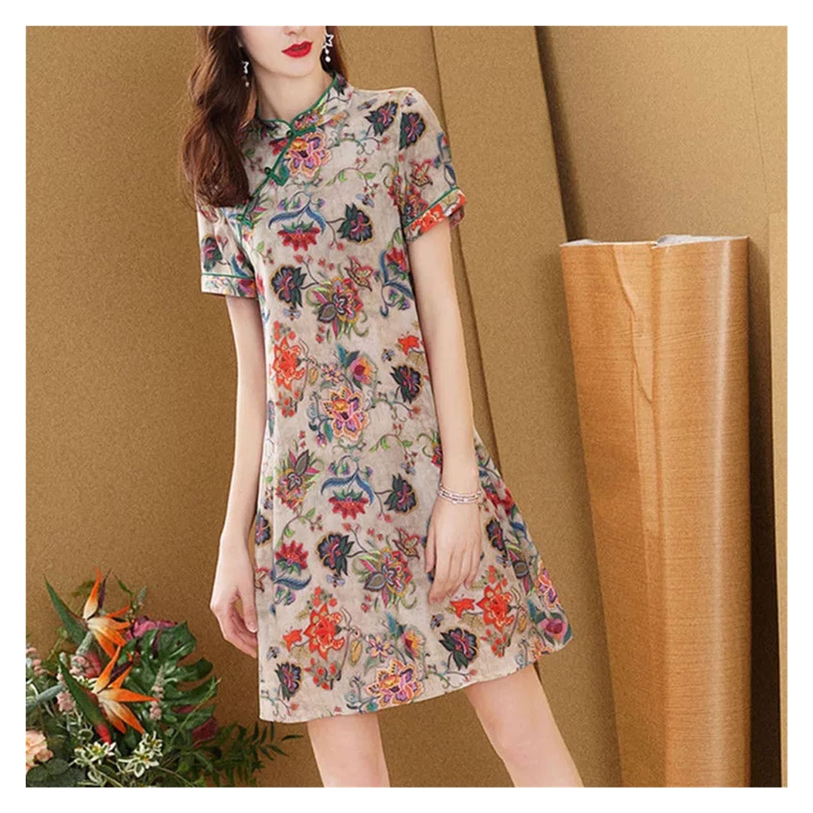 Elegant Floral Embroidered Cheongsam Dress for Women - Loose Fit Stand Collar Traditional Chinese Qipao (Color A, Size XXL) | Perfect for Tea Parties, Weddings & Cultural Events