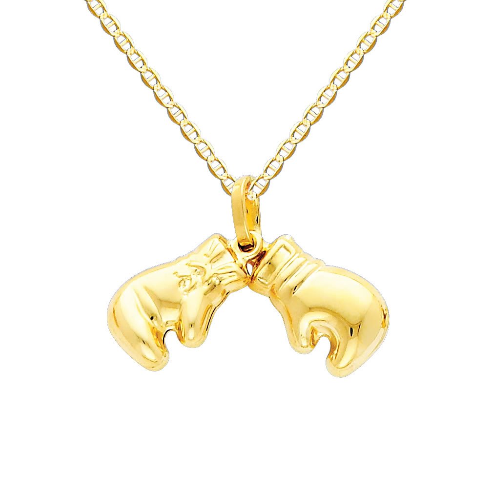 14K Yellow Gold Double Boxing Glove Charm Pendant with 1.5mm Flat Mariner Chain Necklace - Boxing Jewelry Gift for Men & Women - Perfect for Fighters, Coaches & Boxing Enthusiasts
