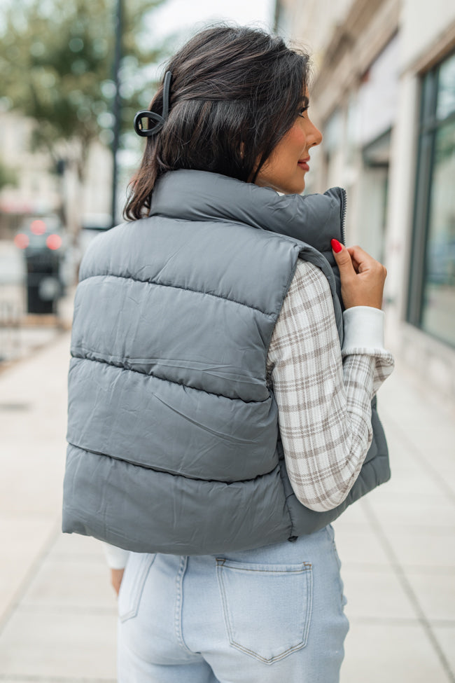 Women's Slate Cropped Puffer Vest - Lightweight Quilted Winter Jacket for Outdoor Activities, Travel & Casual Wear | FINAL SALE