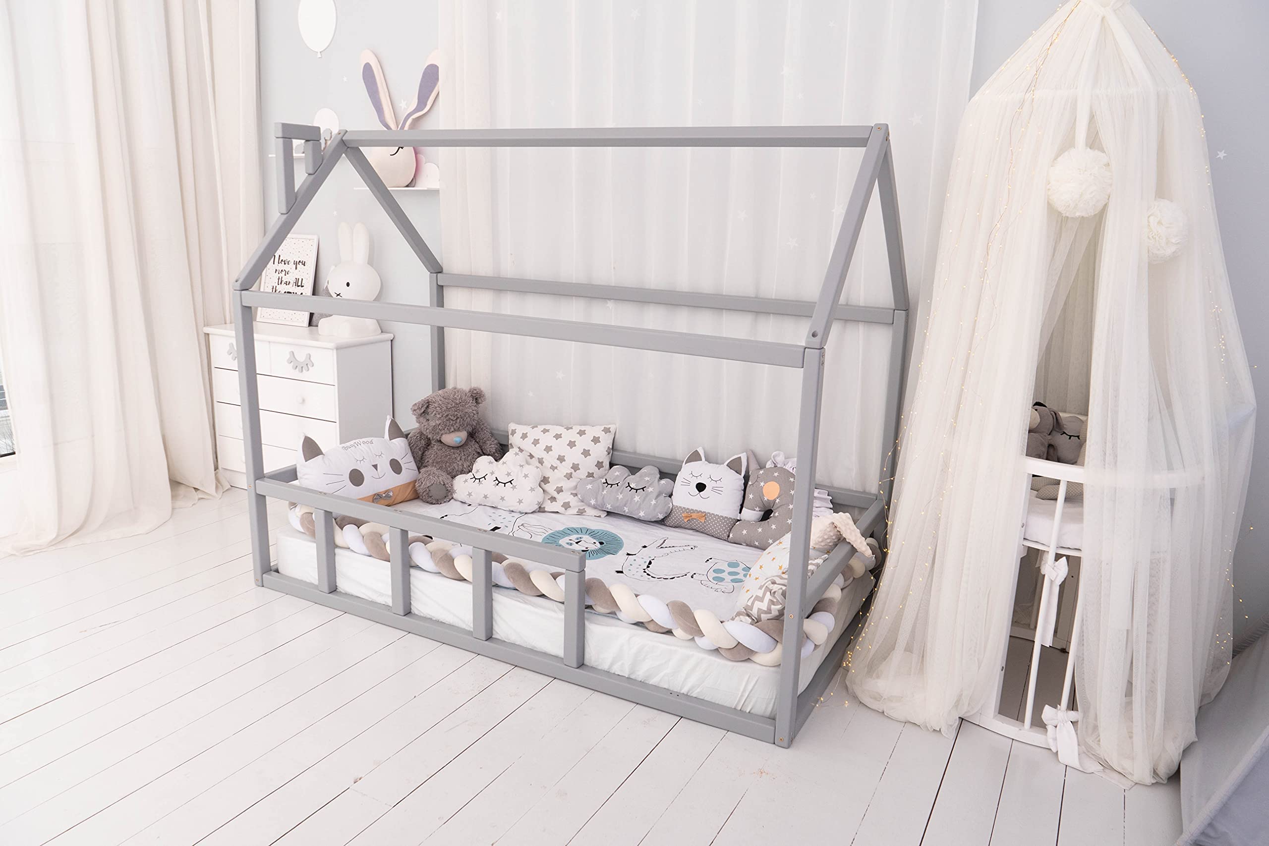 BUSYWOOD Montessori Twin House Bed - Toddler Floor Bed Frame for Kids - Grey Model 2 | Safe & Sturdy Kids Furniture for Playroom & Bedroom | Perfect Montessori Bed for Toddlers' Sleep & Play Space