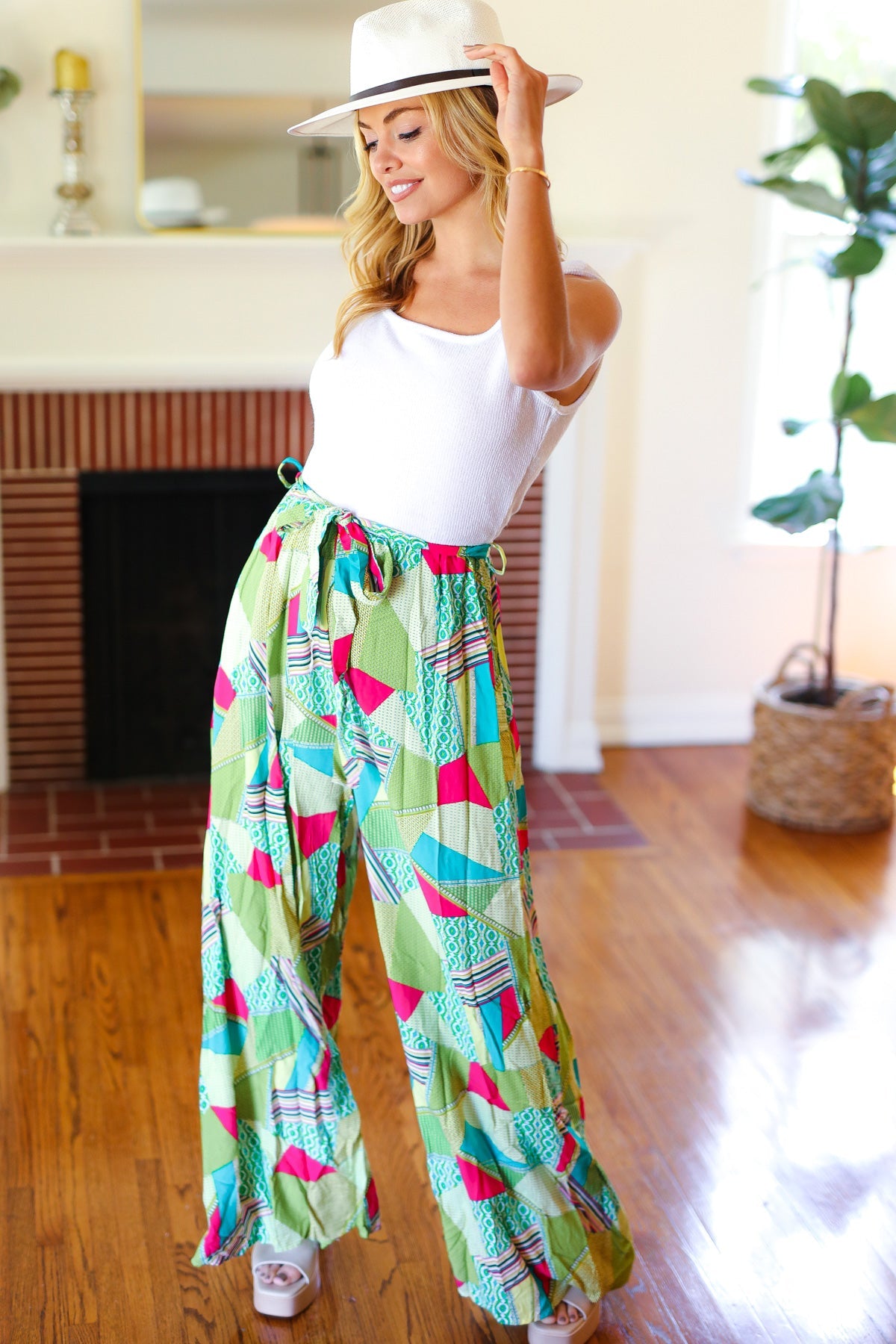 Feeling Couture Ivory & Mint Geo Print Wide Leg Jumpsuit - Women's Fashion Romper for Casual Outings, Beach Vacations & Summer Parties