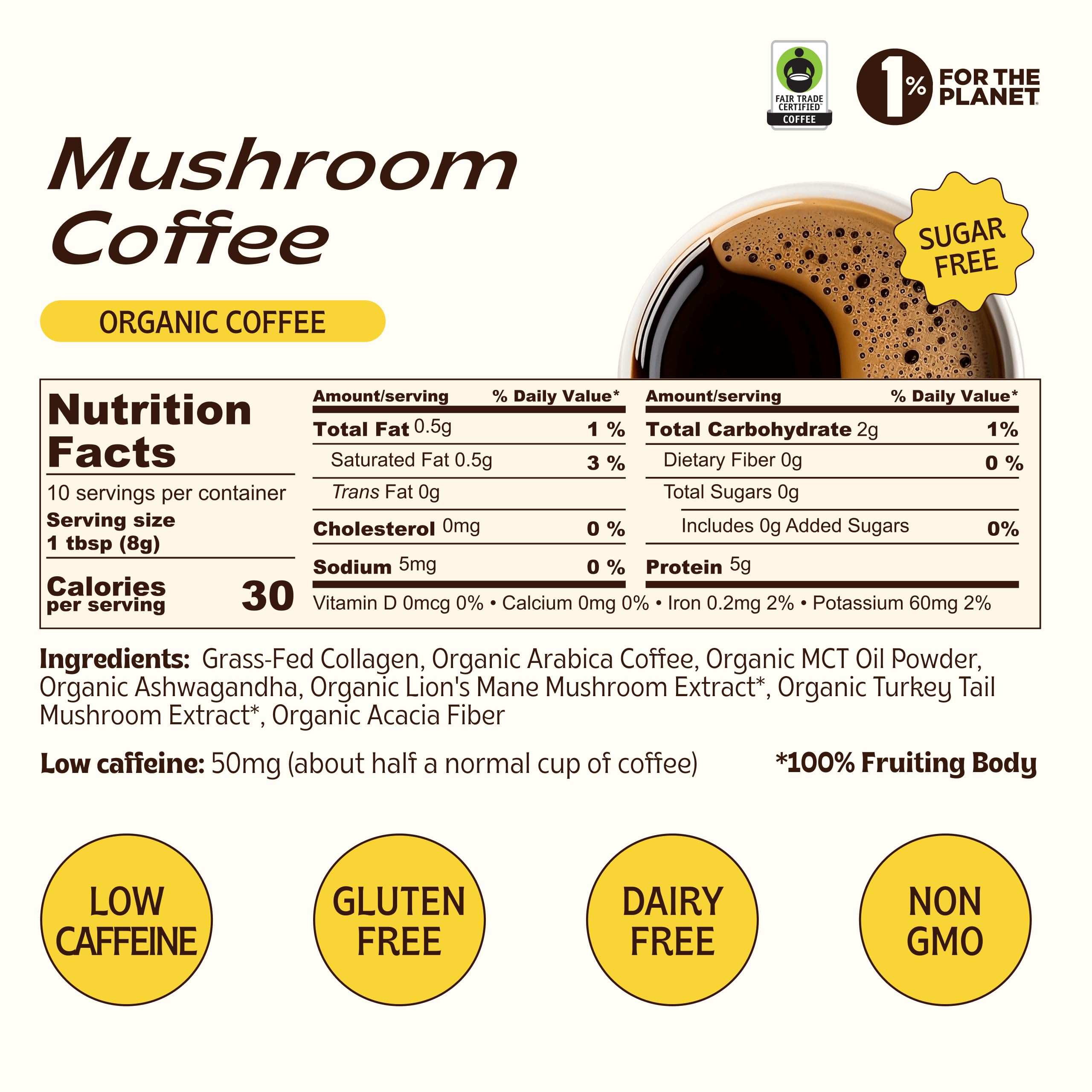 Organic Mushroom Coffee Powder with Collagen & MCT Oil - Energy & Focus Boost for Workouts & Mornings