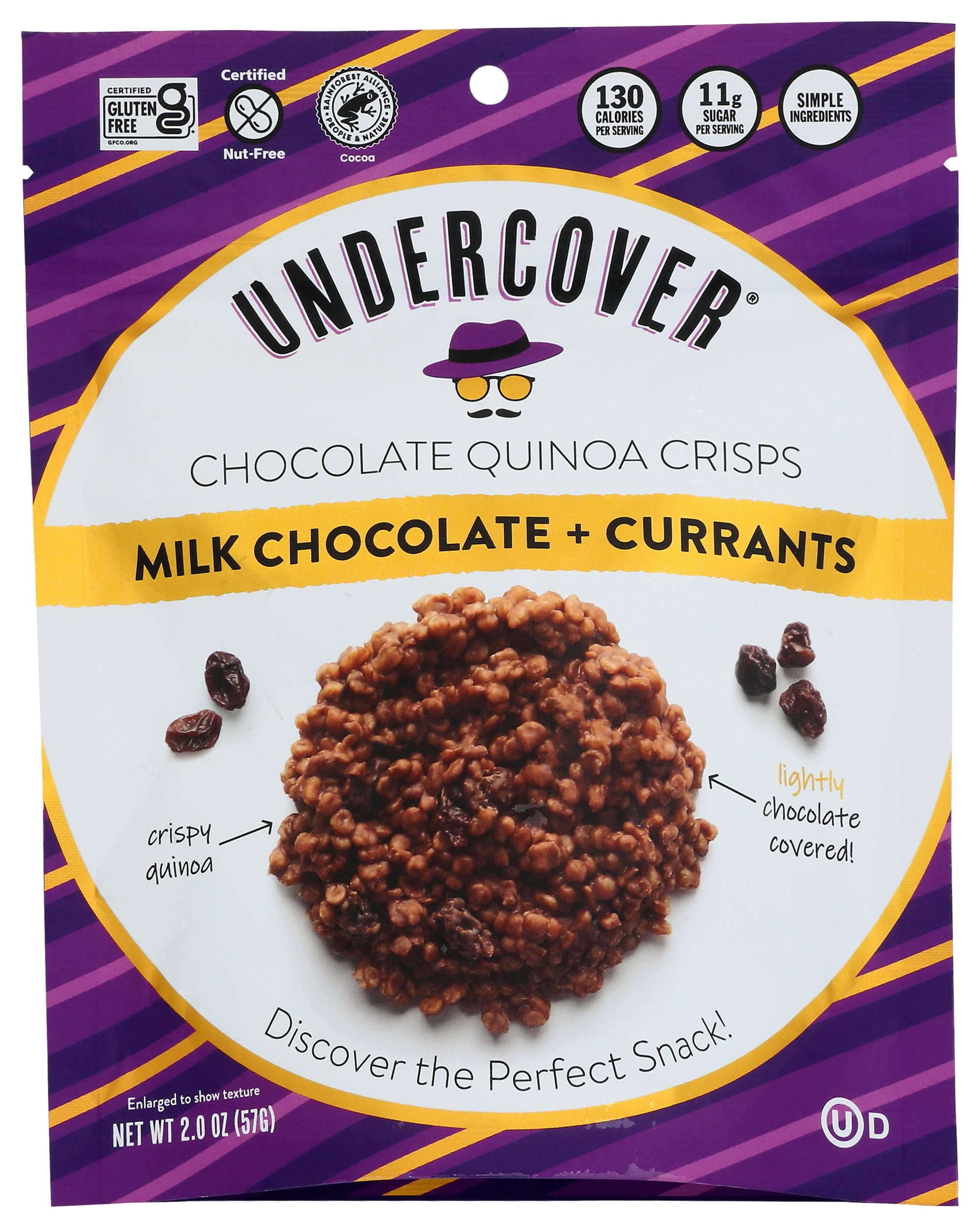 Undercover Chocolate Quinoa Crisps - Milk Chocolate with Currants | 8-Pack (2oz Bags) | Gluten Free, Nut-Free, Allergen Friendly, Kosher Certified Snacks | Perfect for School Lunches, Office Snacks & Healthy On-the-Go Treats