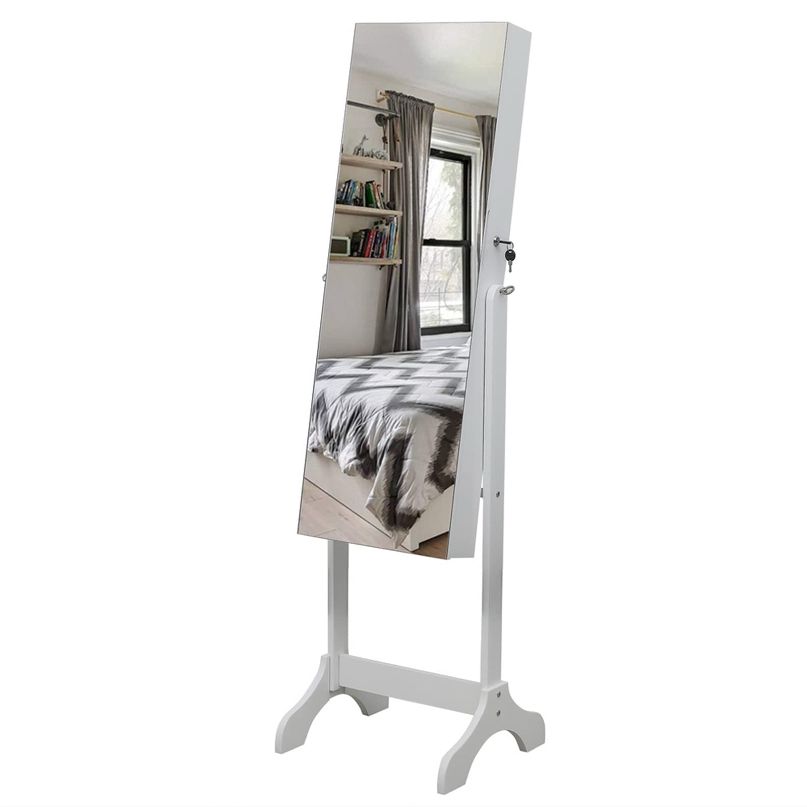 Tesmula Full Mirror Wooden Floor Standing Jewelry Cabinet - 4-Tier Adjustable Shelf with Inner Mirror Storage, White | Bedroom Vanity Organizer & Closet Jewelry Display