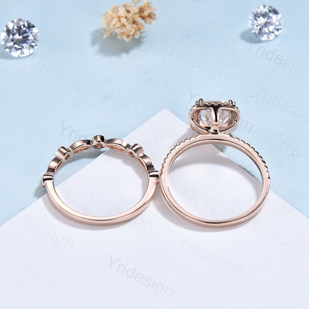 Vintage 14K Rose Gold Cushion Cut Amethyst Wedding Ring Set - Art Deco Halo Diamond Bridal Jewelry for Women | Engagement, Anniversary & Special Occasion Gift