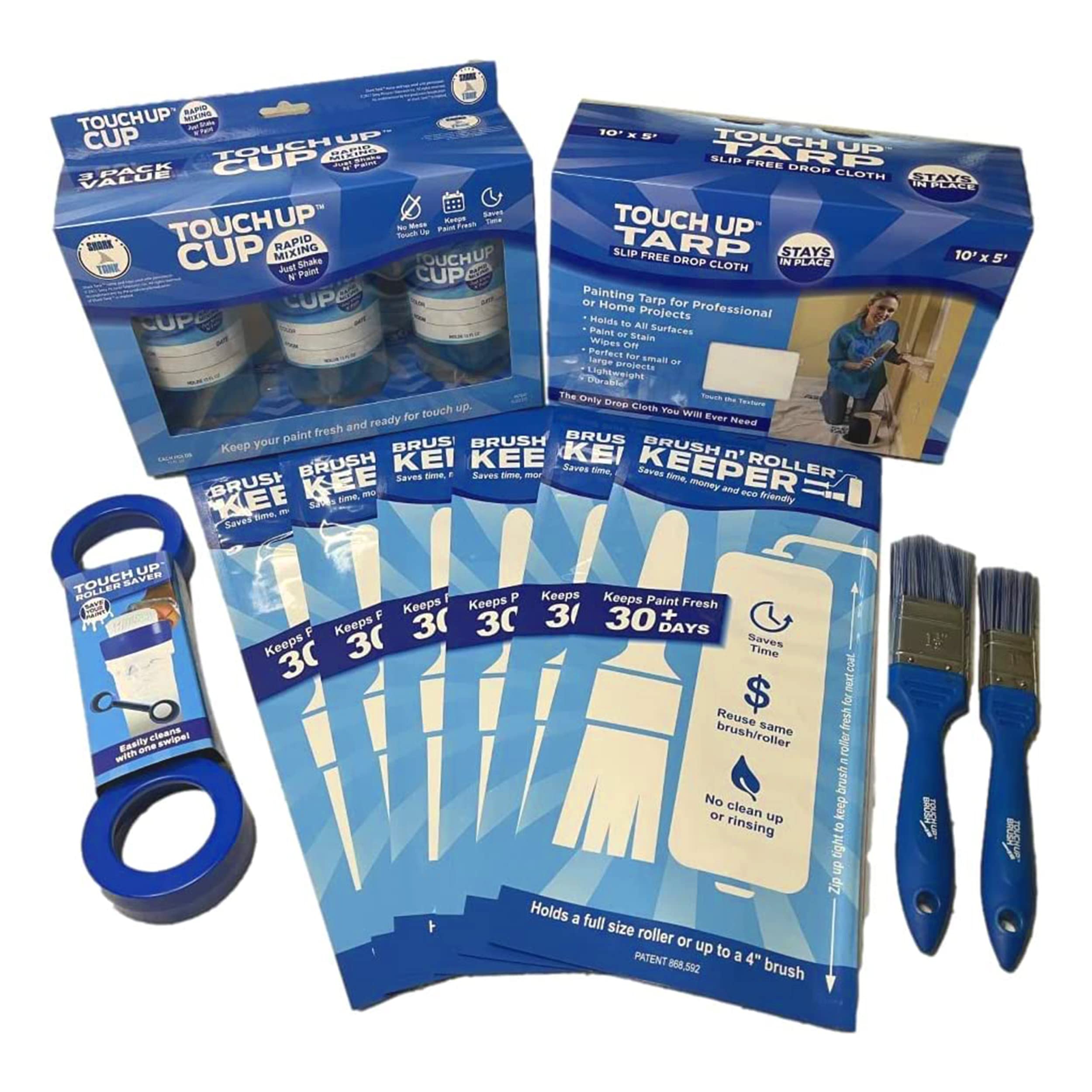 Ultimate Touch Up Cup Painting Kit - 3 Paint Storage Containers, 1 Painters Tarp, 1 Paint Roller Cleaner Tool, 2 Touch Up Paint Brushes, 6 Brush 'n Roller Keepers | Shark Tank Approved | Perfect for Home Renovation, Wall Repair & Small DIY Projects