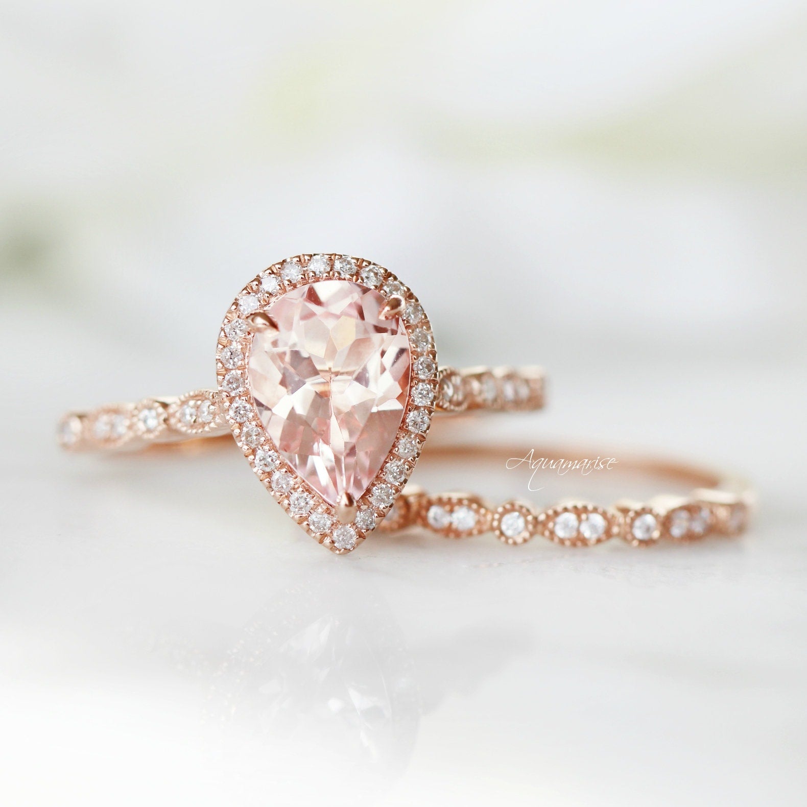 Luxe Teardrop Morganite Ring 14K Rose Gold Vermeil - Elegant Dainty Jewelry for Women, Perfect for Engagement, Wedding, Anniversary & Special Occasions