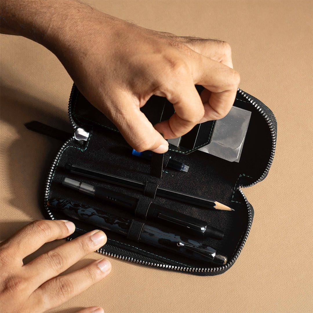 Endless Companion 3 Pen Pouch Black - Premium Leather Pen Holder for Office, School & Travel - Perfect Organizer for Pens, Pencils & Stationery