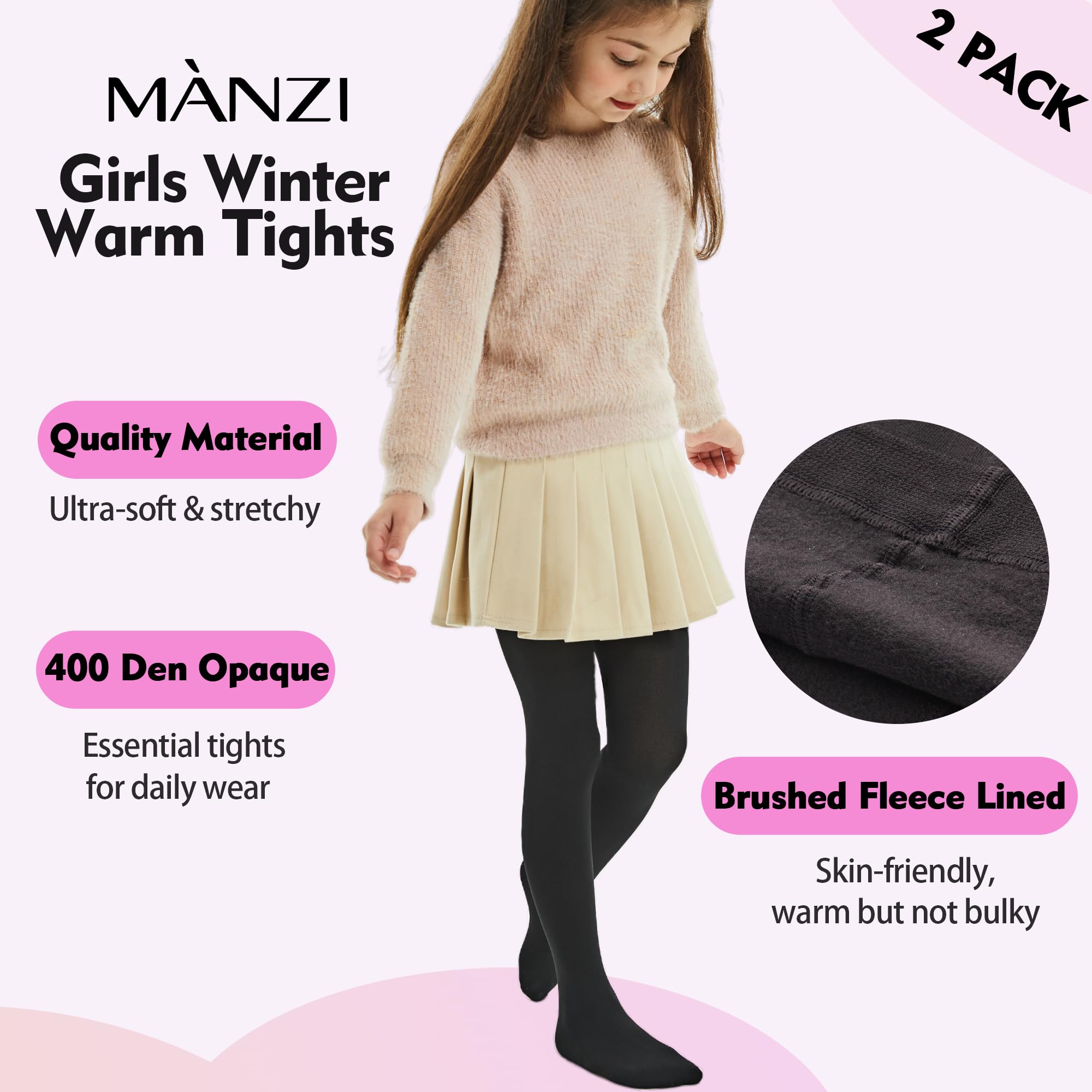 MANZI Girls Fleece Lined Winter Tights 400 Denier - Warm Thermal Footed Stockings, Thick Opaque Leggings for Toddlers & Kids - Perfect for Cold Weather, School, Playdates & Outdoor Activities