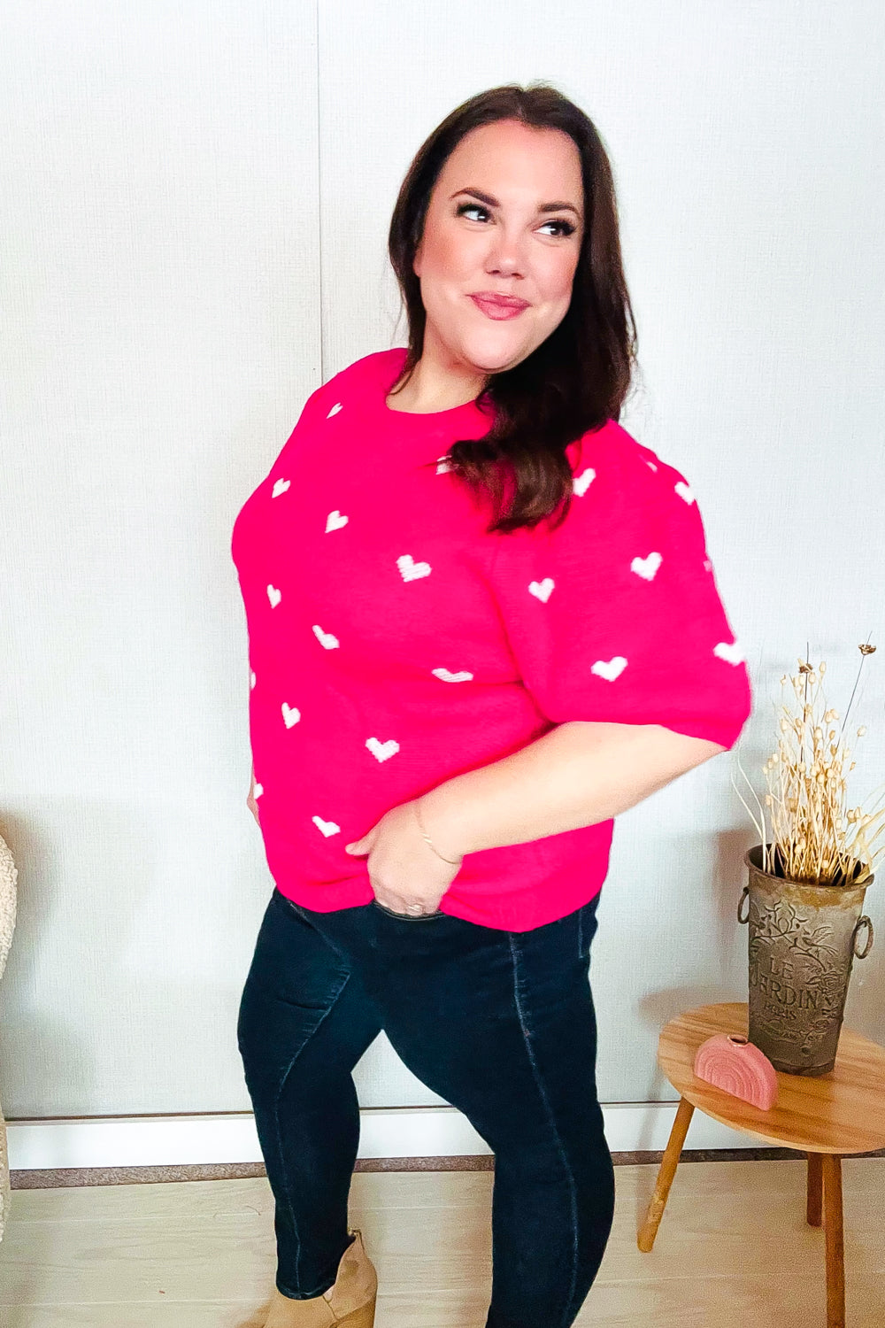 Be Mine Pink & White Heart Oversized Jacquard Sweater | Women's Valentine's Day Knit Pullover | Cozy Winter Fashion for Date Night & Casual Outings