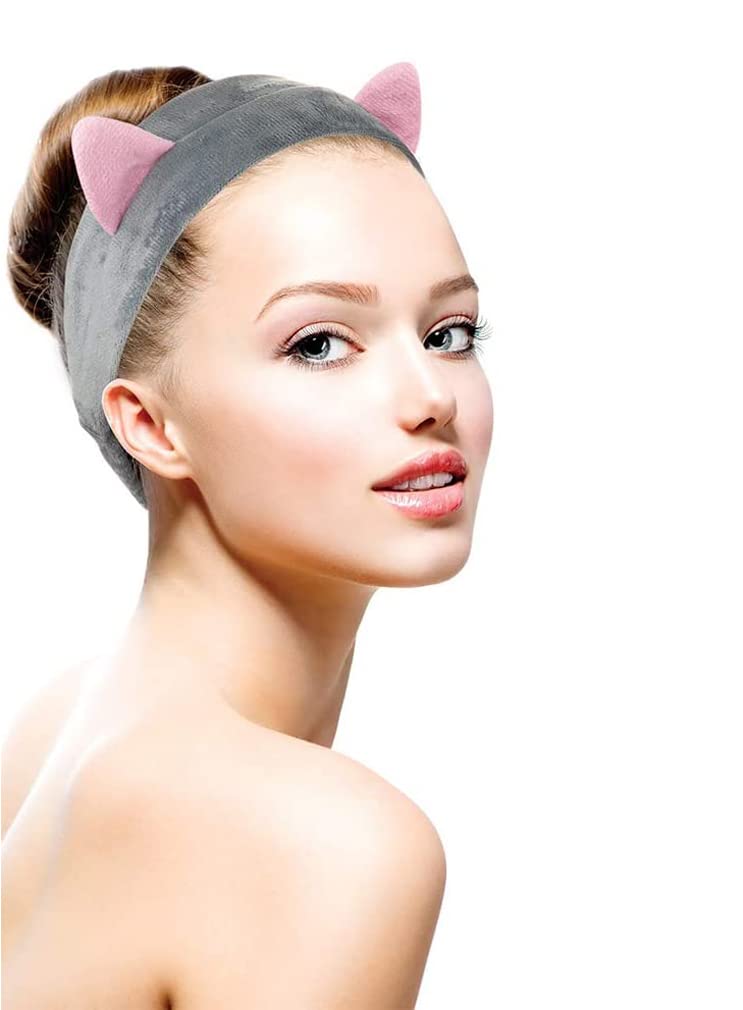 Haobase Cat Ear Headband for Women - Soft Stretchy Hair Band for Face Washing, Makeup, Skincare & Spa (Gray) - Perfect for Beauty Routine, Salon & Home Use