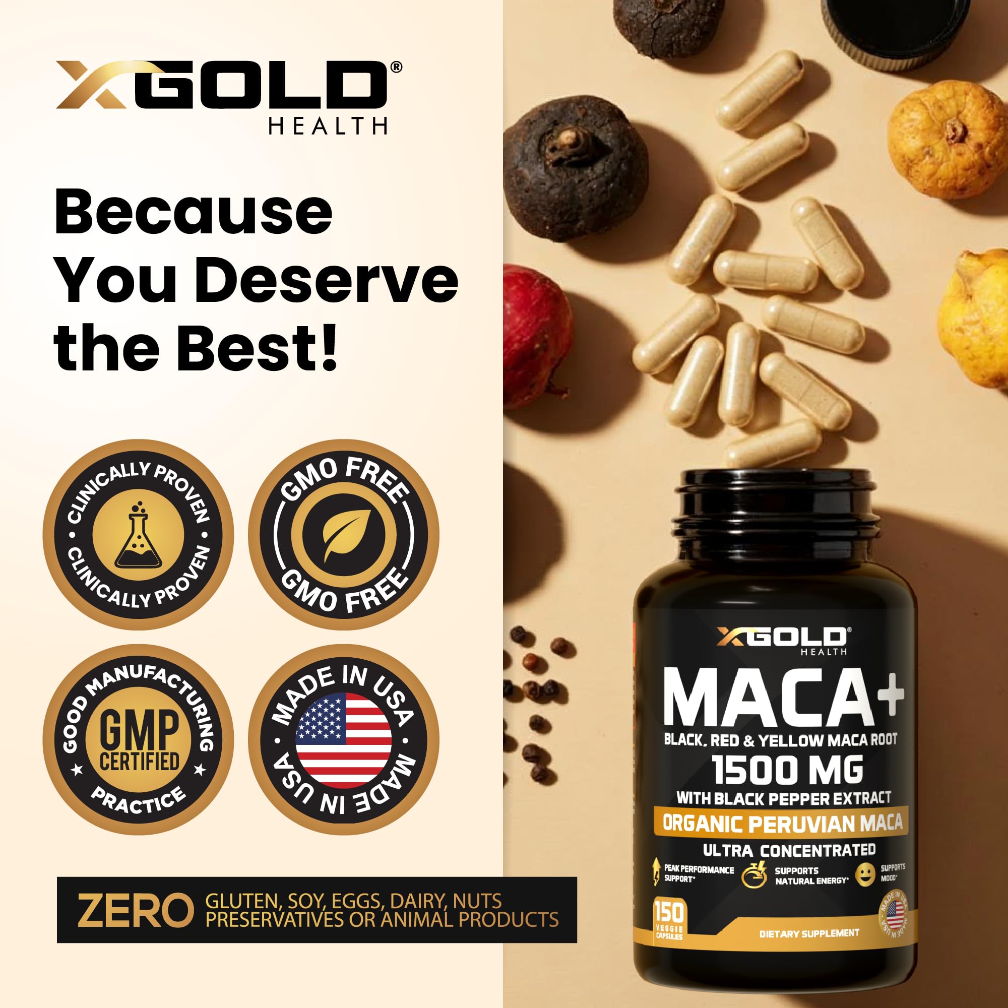 Organic Maca Root Powder Capsules 1500mg - Peruvian Black, Red & Yellow Maca Extract with Black Pepper | Energy & Mood Booster for Men & Women | Supports Stamina, Libido & Stress Relief | Perfect for Workout, Yoga & Daily Wellness