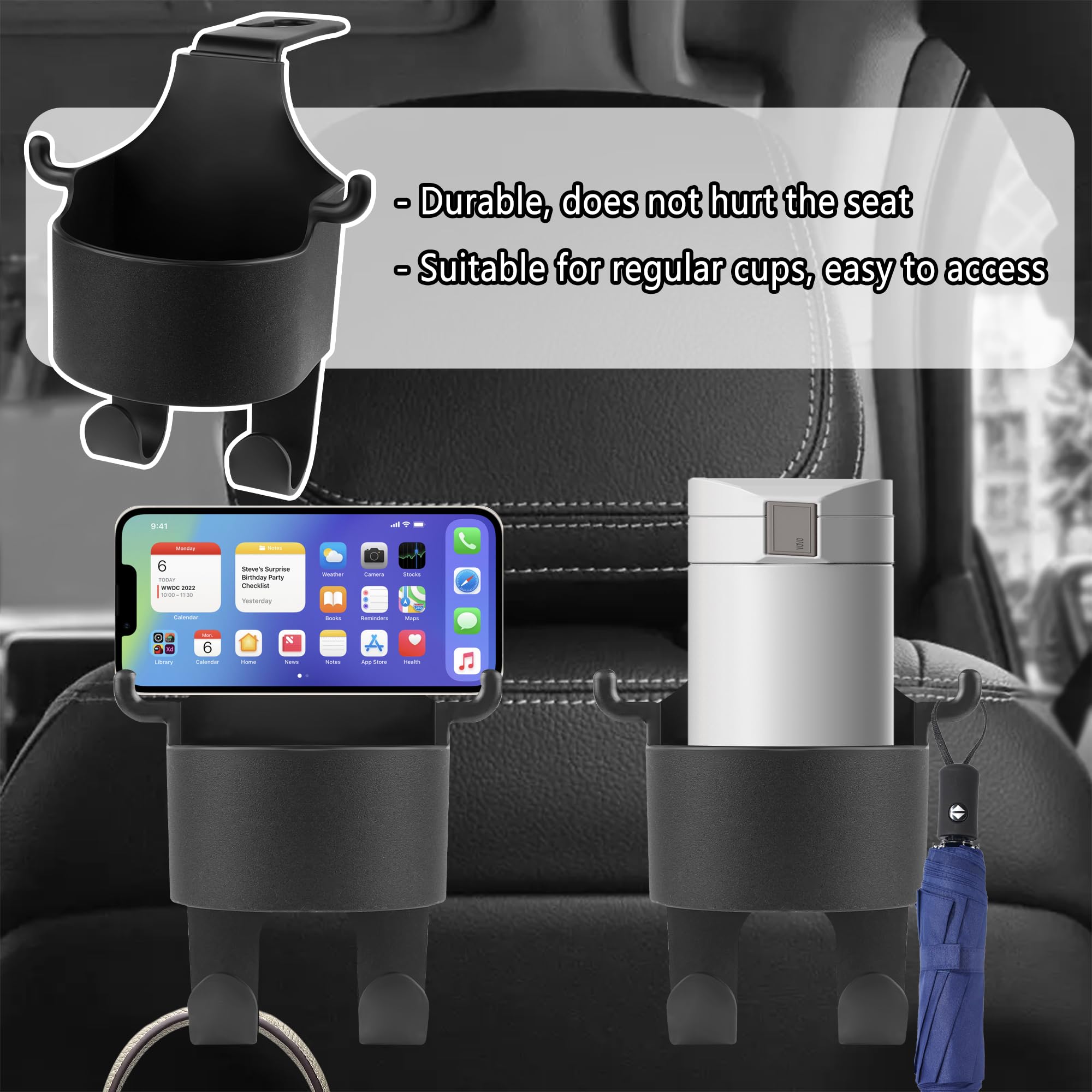 2PCS Universal Car Back Seat Cup Holder with Hooks - Multifunctional Organizer for Phone, Keys, Wallet & Umbrella - Durable Car Accessories for Men & Women - Perfect for Road Trips, Commuting & Family Travel