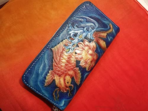 Handcrafted Genuine Leather Koi Fish Wallet - Long Biker Travel Wallet with Custom Carved & Painted Design - Personalized Embossed & Tooled Clutch for Men & Women - Perfect for Daily Use, Travel & Motorcycle Riders