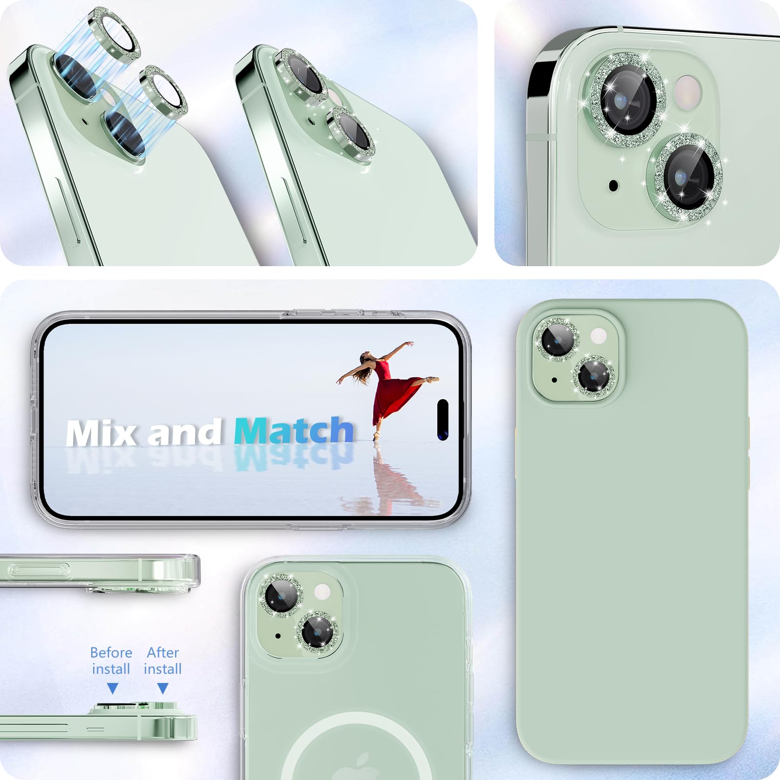 **iMLuckies iPhone 15 & iPhone 15 Plus Camera Lens Protector - HD Clear Bling Aluminum Alloy Ring, 9H Tempered Glass Back Screen Protector (Glitter Green) - Perfect for Photography, Travel & Everyday Protection**