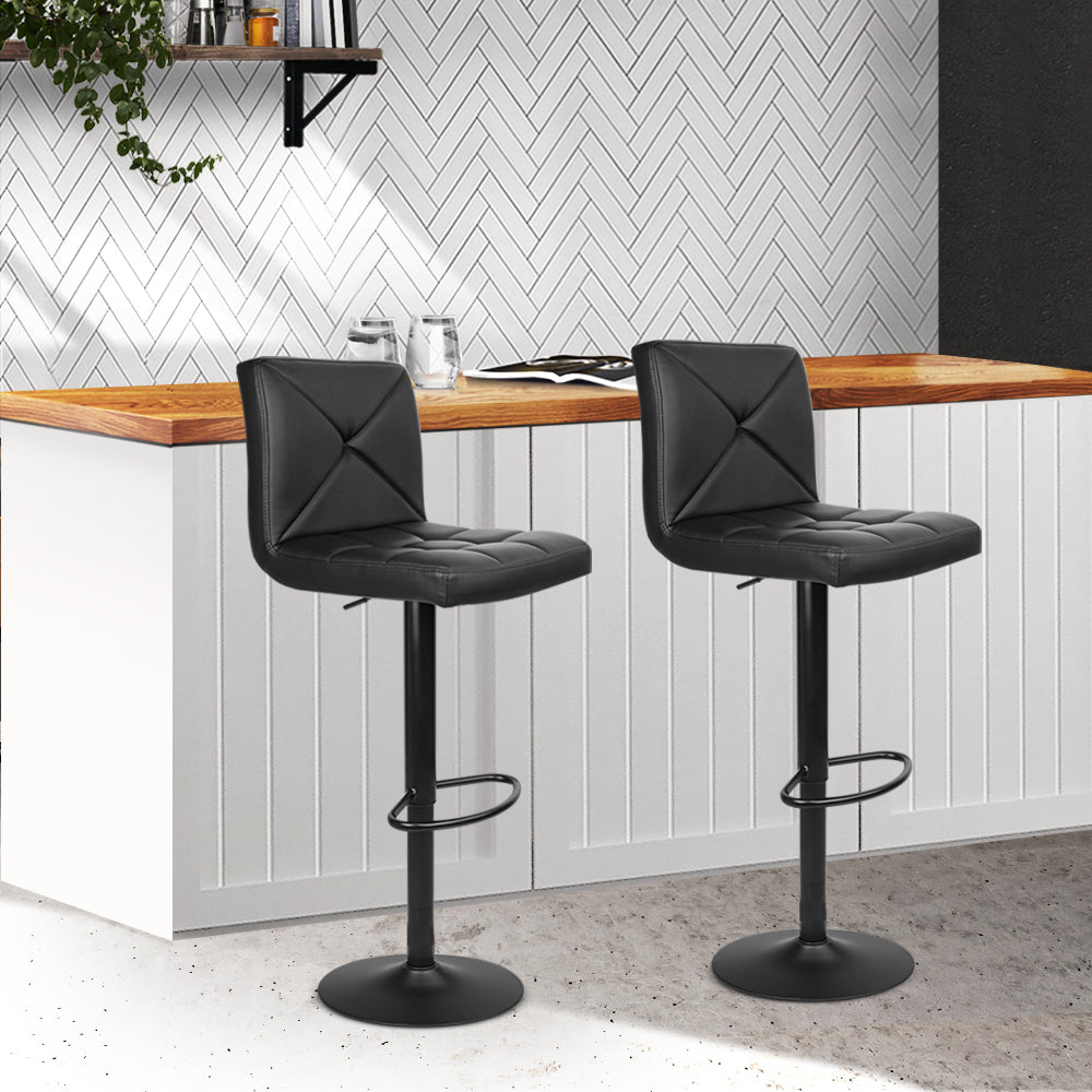 2 Pack Black Leather Bar Stools with Gas Lift - Adjustable Height Kitchen & Dining Chairs for Counter, Island, or Pub - Modern Home Decor & Seating Solution