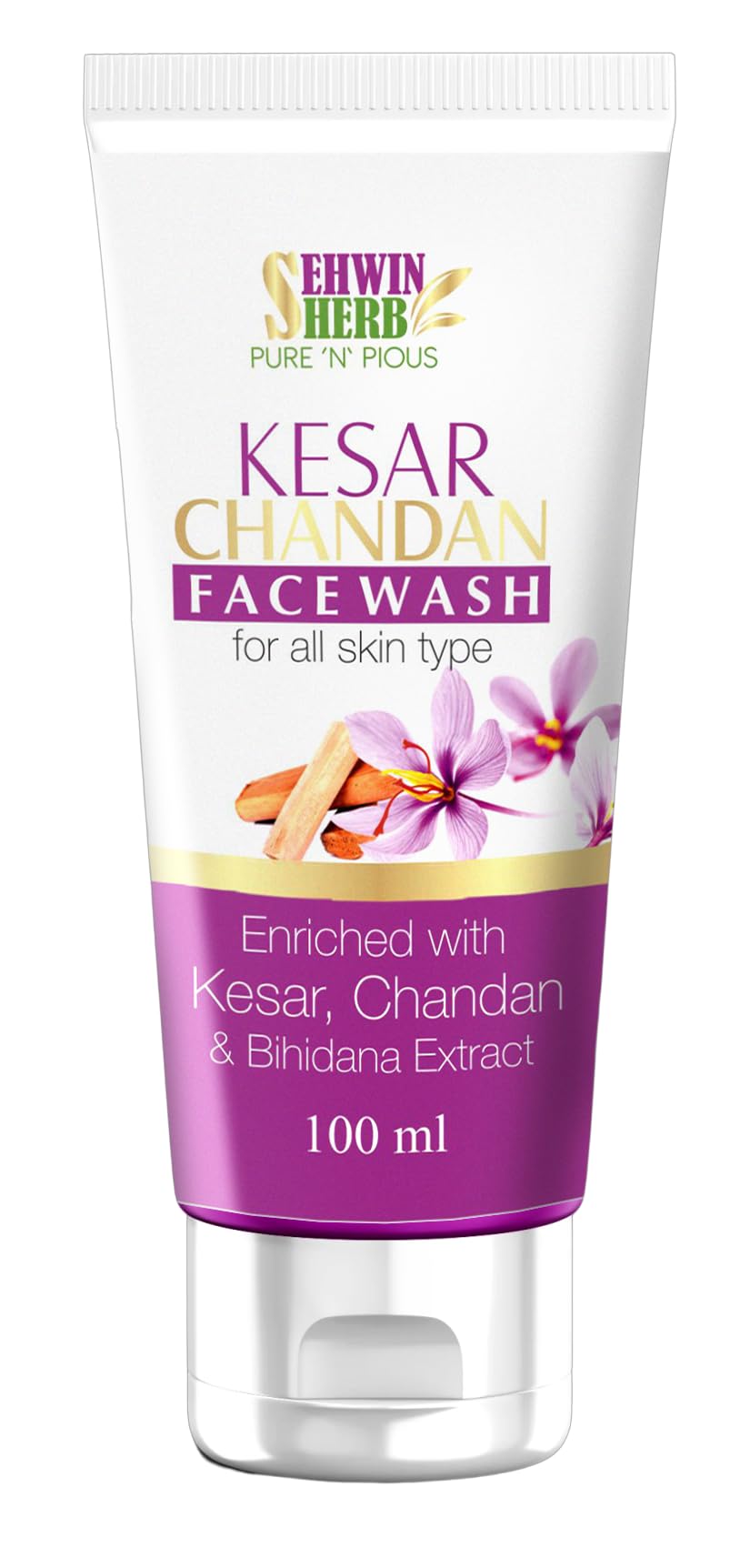 Sehwin Herbs Pure 'N' Pious Kesar Chandan Face Wash - Saffron & Sandalwood Cleanser for Glowing Skin | Daily Use, Acne Control & Skin Brightening