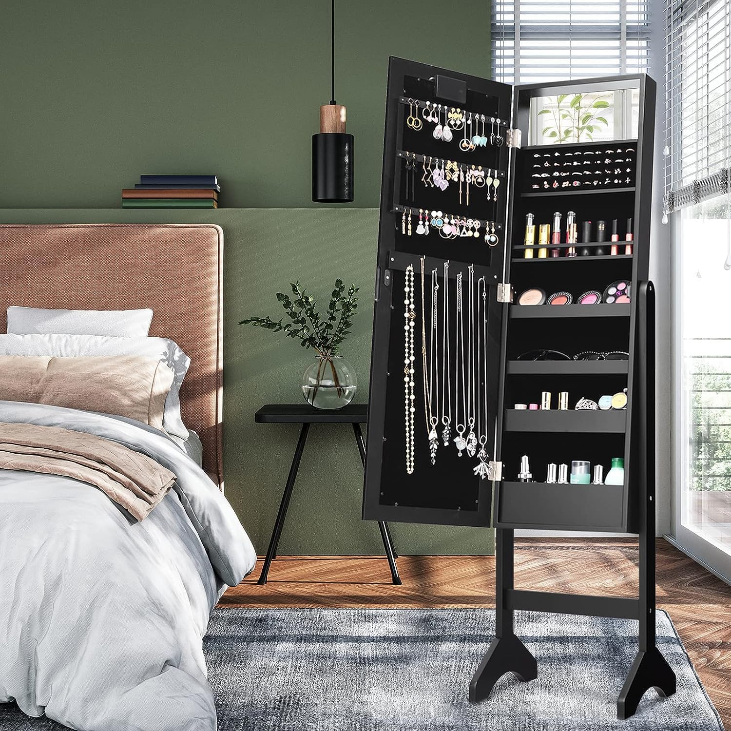 **LDAILY Standing Jewelry Armoire with 18 LED Lights - Mirrored Jewelry Cabinet Organizer for Necklaces, Earrings & Accessories - Full-Length Mirror with Large Storage for Women & Girls (Black) - Perfect for Bedroom, Closet & Dressing Room**