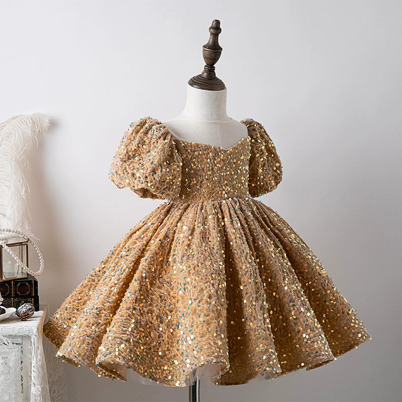Gold Princess Round Tea Length Sequined Flower Girl Dress for Weddings, Pageants & Special Occasions