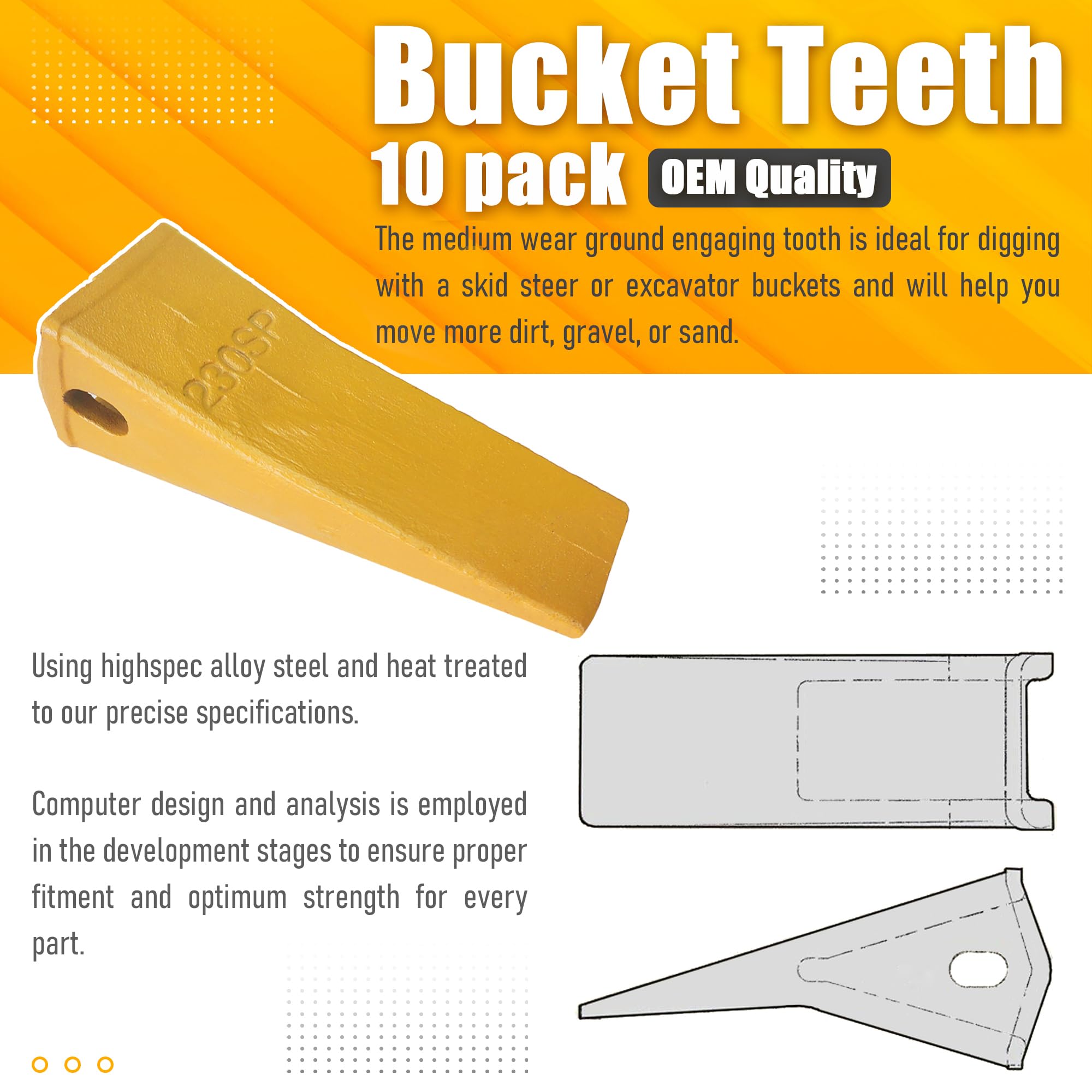 BDI WEAR PARTS 10-Piece 230SP Forged Bucket Teeth Set with TF23P Flex Pins - Compatible with 23 & 230 Series Skid Steer Loaders and Excavators - Ideal for Heavy-Duty Digging, Trenching, and Construction Projects