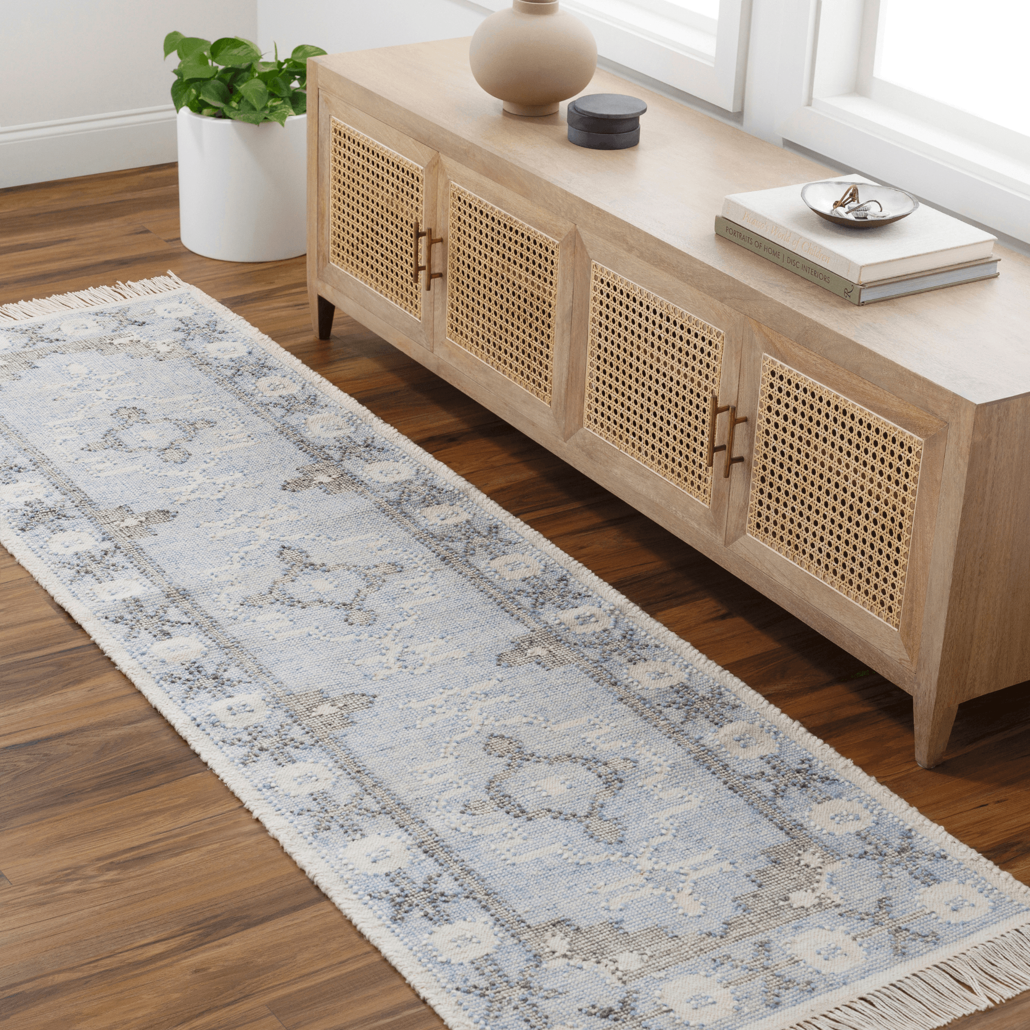 Eco-Friendly Blue & Cream Recycled PET Yarn Area Rug - Multiple Size Options for Living Room, Bedroom & Office Decor