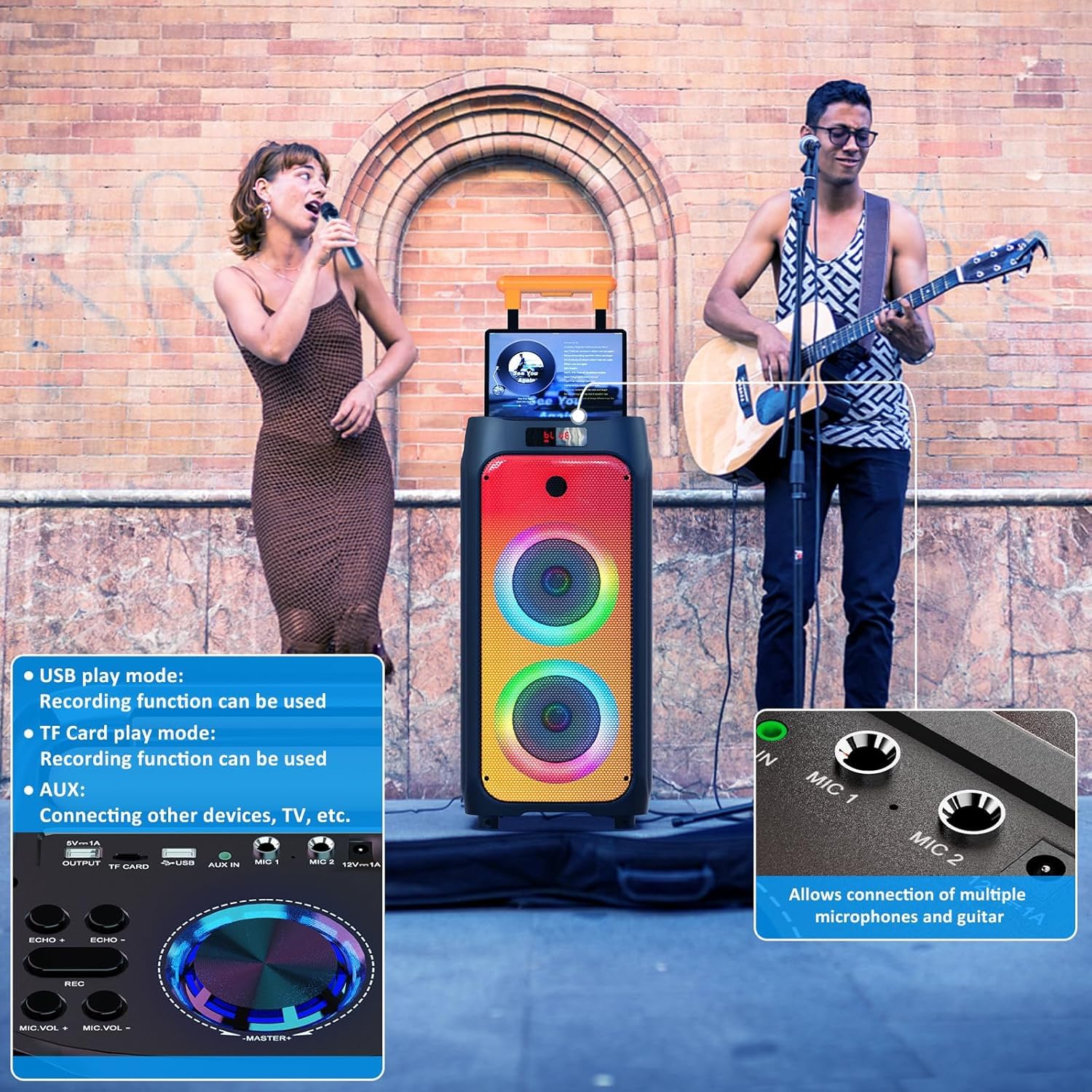 BOGO Free! HWWR Portable Bluetooth Karaoke Machine with 2 Wireless Mics - Party Speaker with Disco Lights for Outdoor Gatherings, Christmas Gifts | Perfect for Home Karaoke, Backyard Parties & Holiday Celebrations