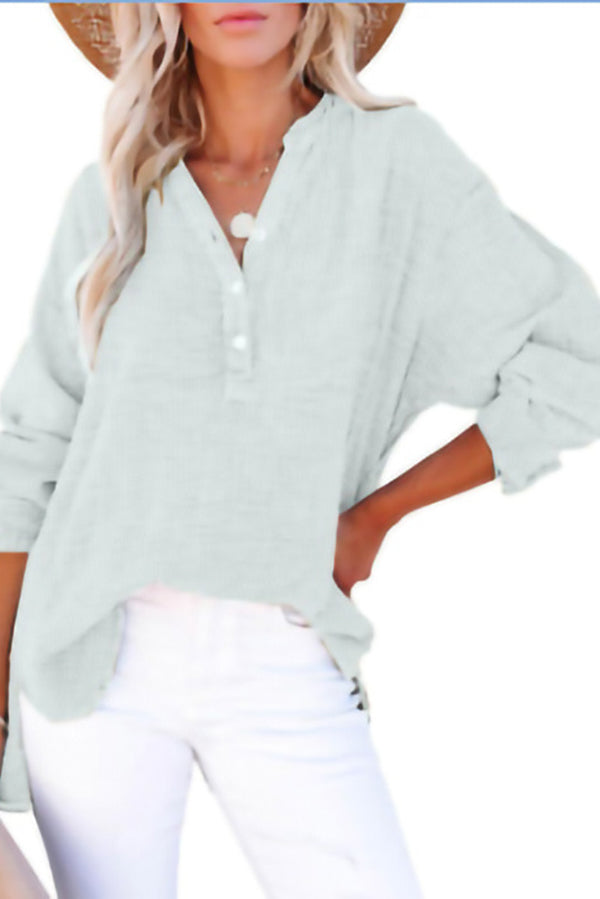 Elegant Solid Color Long Sleeve Pleated Button Loose Blouse for Women | Casual Office Wear & Spring Outfits