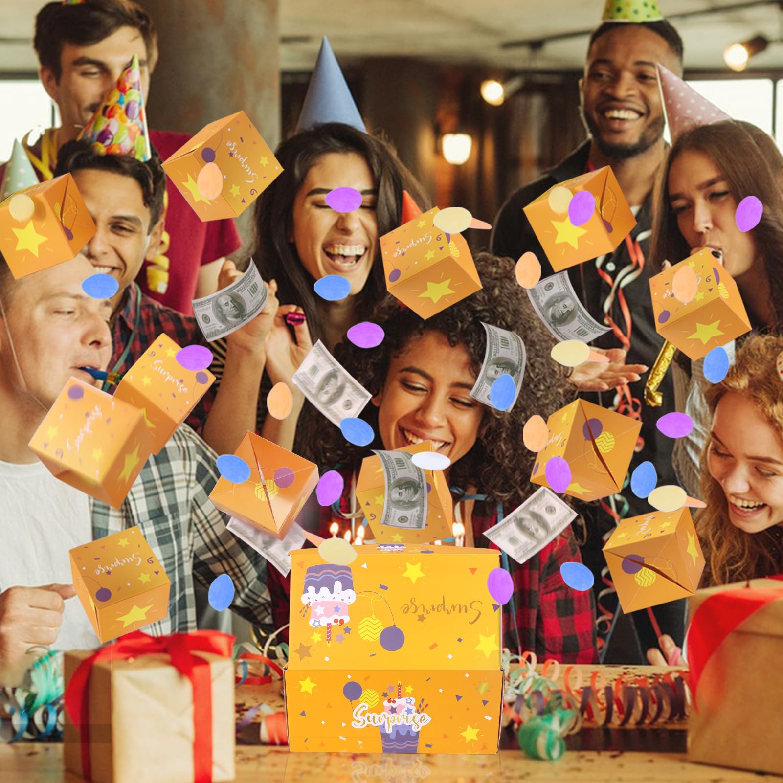 BABORUI Money Explosion Gift Box - Birthday Surprise Box with Confetti for Women, Men & Kids | Perfect for Birthday Parties, Celebrations & Special Occasions (Yellow)
