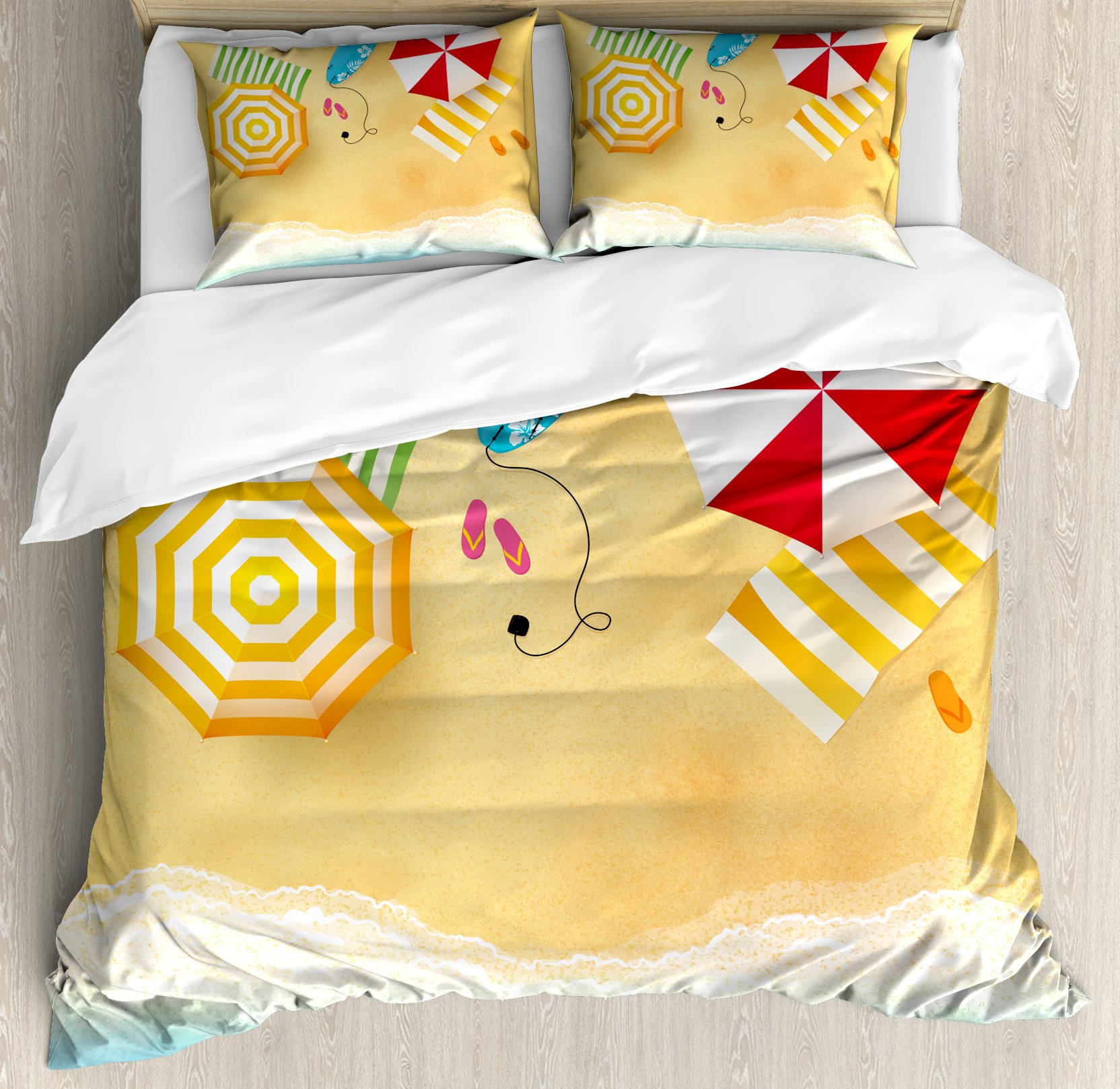 Ambesonne Beach Duvet Cover Set - Queen Size 3 Piece Coastal Bedding with Wave & Umbrella Design, Summer Themed Decorative Comforter Cover & 2 Pillow Shams | Perfect for Beach House Decor, Vacation Rental Bedrooms & Coastal Themed Master Suites