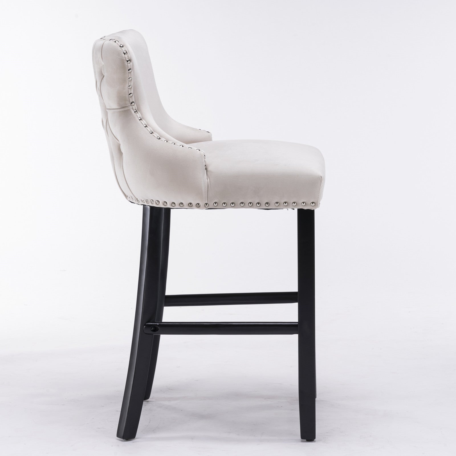Contemporary Velvet Upholstered Wingback Bar Stools - Set of 4 Beige Bar Chairs with Button Tufted Design, Wooden Legs & Chrome Nailhead Trim | Perfect for Kitchen Islands, Home Bars & Modern Dining Areas