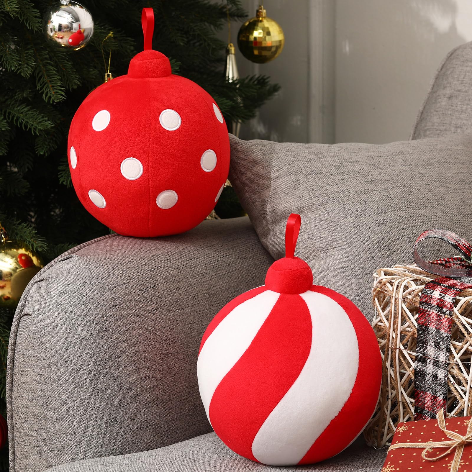 2 Pack Christmas Ball Pillows - 7 Inch Round Holiday Decor, 3D Xmas Throw Pillows for Couch, Chair, Bed - Festive Home Decor (Stripes & Dots, Red/White) | Perfect for Living Room, Bedroom & Holiday Party Decorations