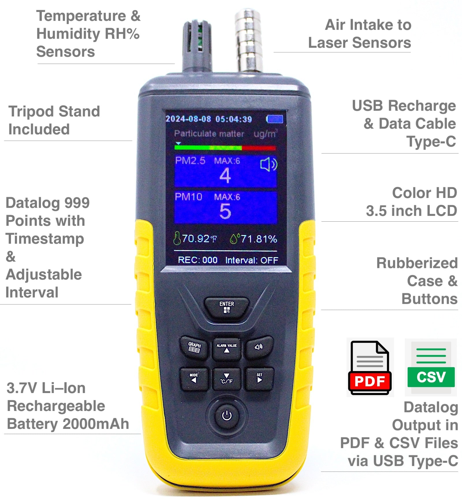Vape Detector & Datalogger for Weed & Cigarette Smoke - Air Quality Monitor for Schools, Offices & Homes