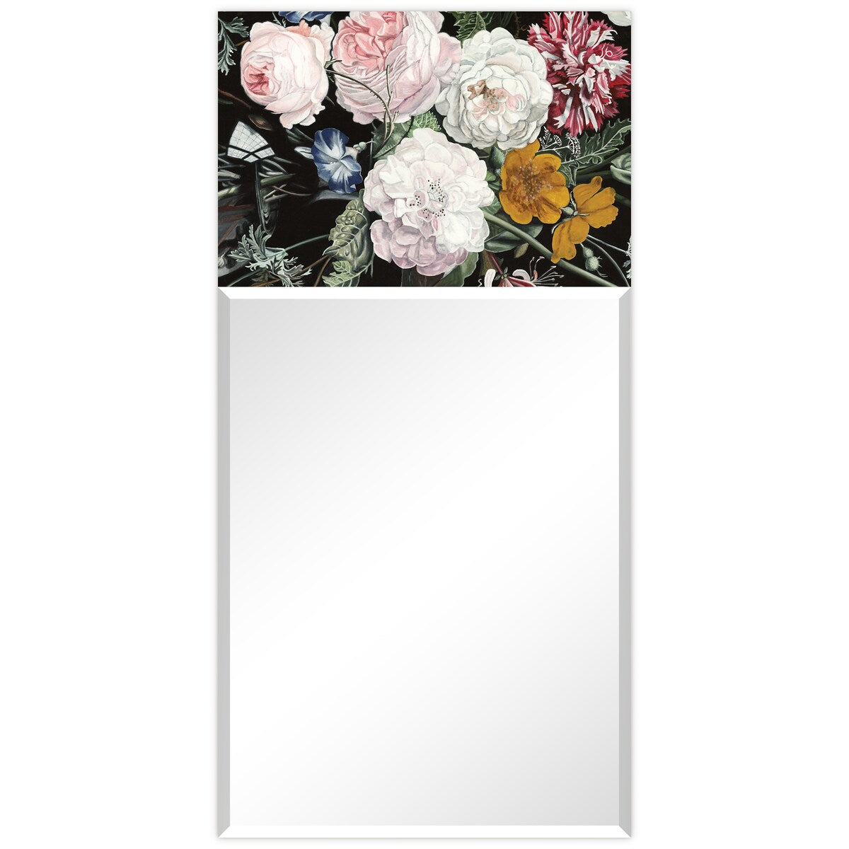 Bouquet Rectangular Beveled Mirror - 24x48 Inch Free Floating Printed Tempered Glass Wall Mirror for Living Room, Bedroom & Bathroom Decor