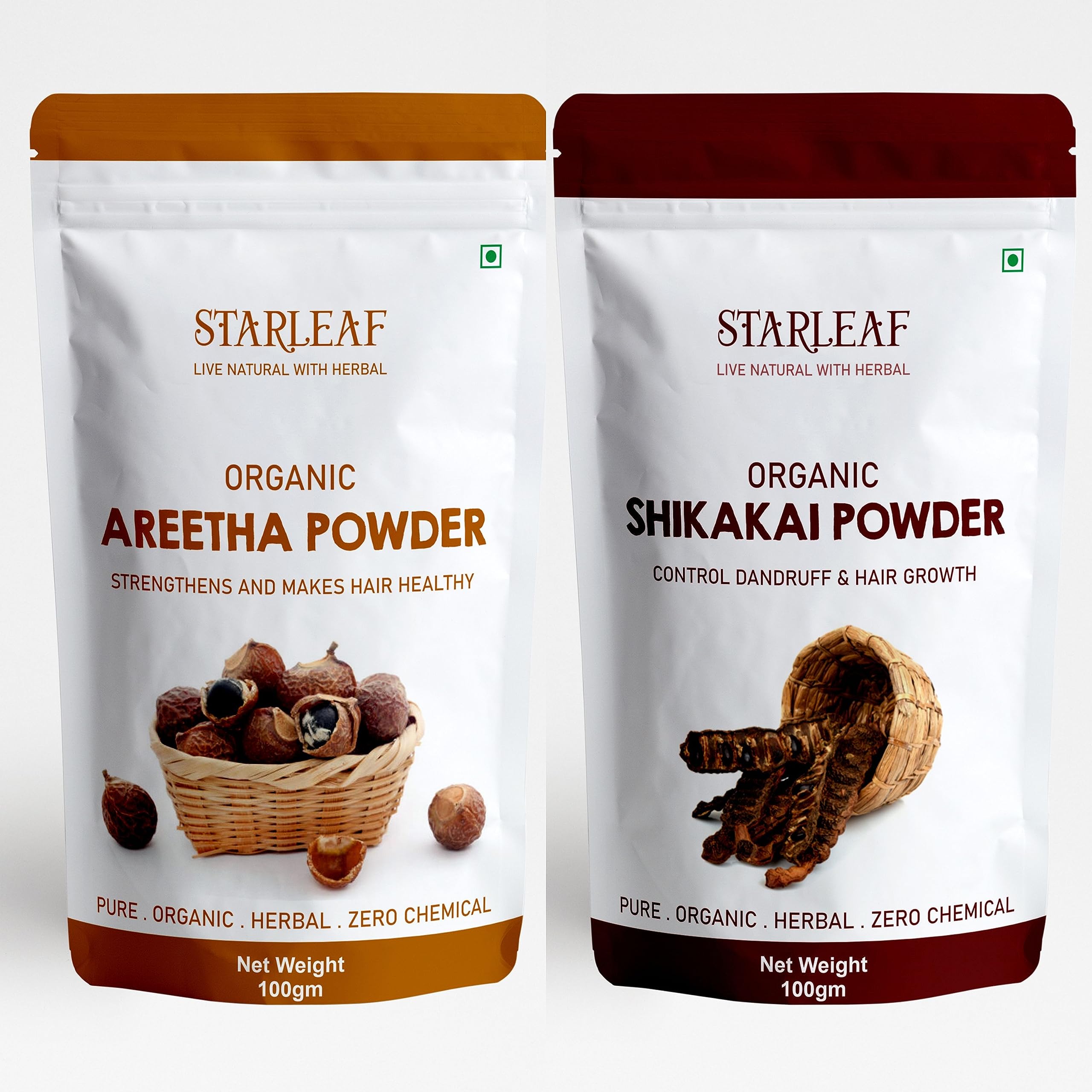 Starleaf Bio Organic 100% Natural Areetha & Shikakai Powder Combo Pack for Hair Care - Herbal Hair Cleanser & Scalp Treatment | Chemical-Free Ayurvedic Shampoo Alternative for Healthy Hair Growth & Dandruff Relief | Perfect for DIY Hair Masks & Natural Hair Wash Routines
