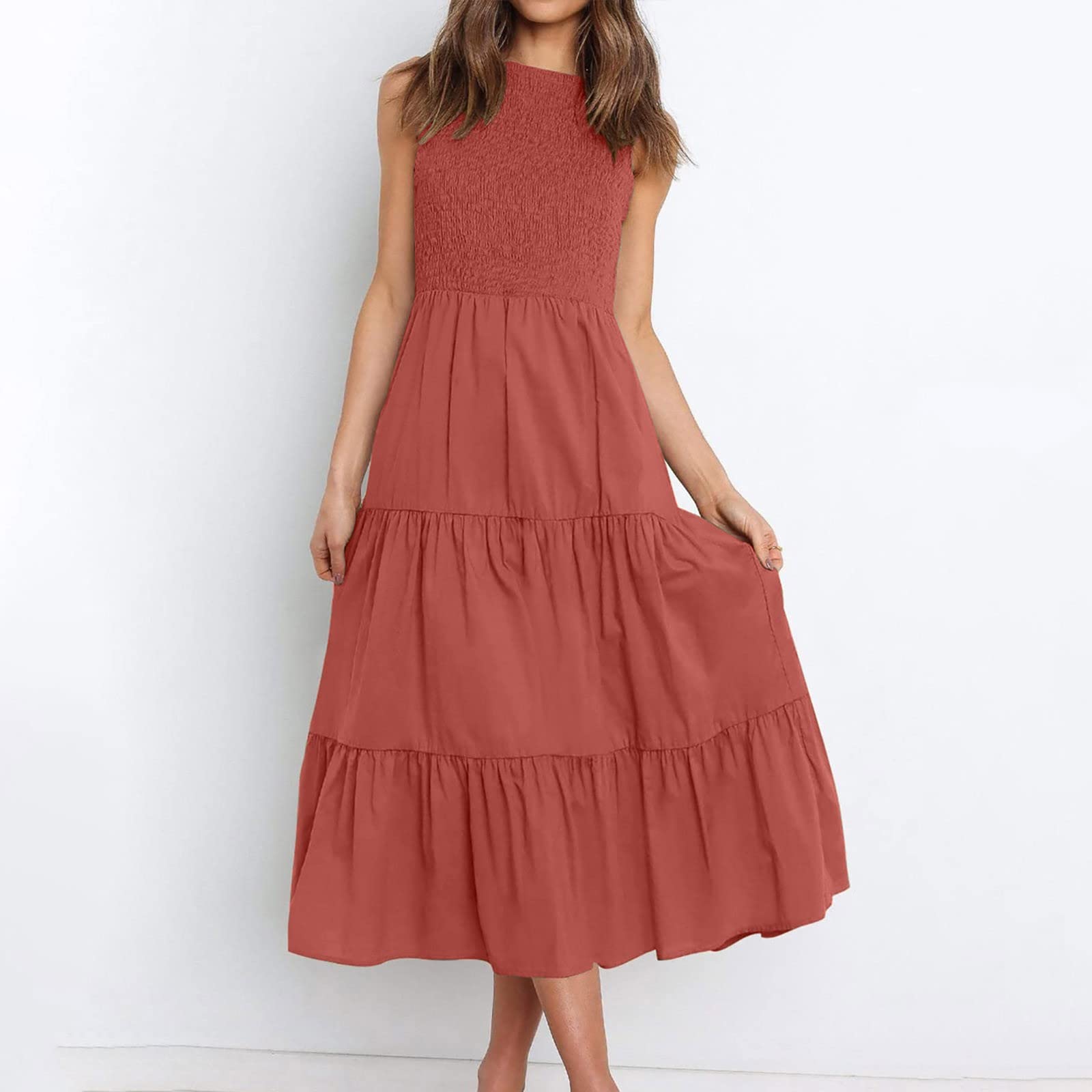 Yellcn Women's Summer Casual Flutter Short Sleeve Crew Neck Smocked Elastic Waist A-Line Dress - Wine Red, Medium | Perfect for Beach Vacations, Brunch Dates & Summer Outings