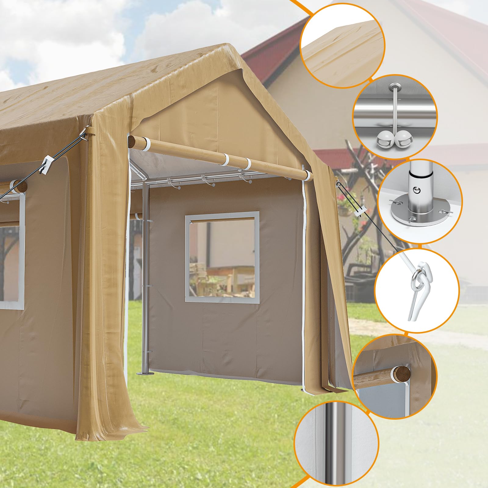13'x20' Heavy Duty Carport Canopy - Portable Garage with 4 Roll-Up Doors & 4 Windows - Waterproof All-Season Outdoor Storage Shed for Car, Truck, Boat - Earthy Yellow | Perfect for Vehicle Protection, RV Cover & Backyard Storage