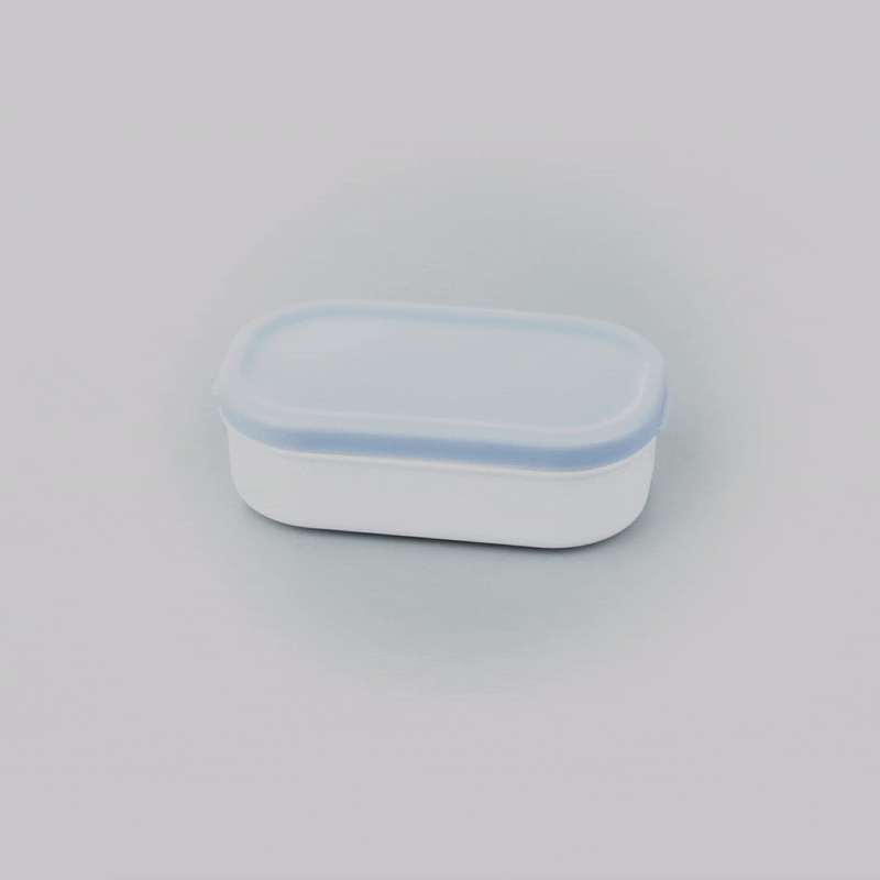Bento Tek 3 oz White Buddha Box Snack & Sauce Containers with Blue Lids (4-Pack) - 3.75