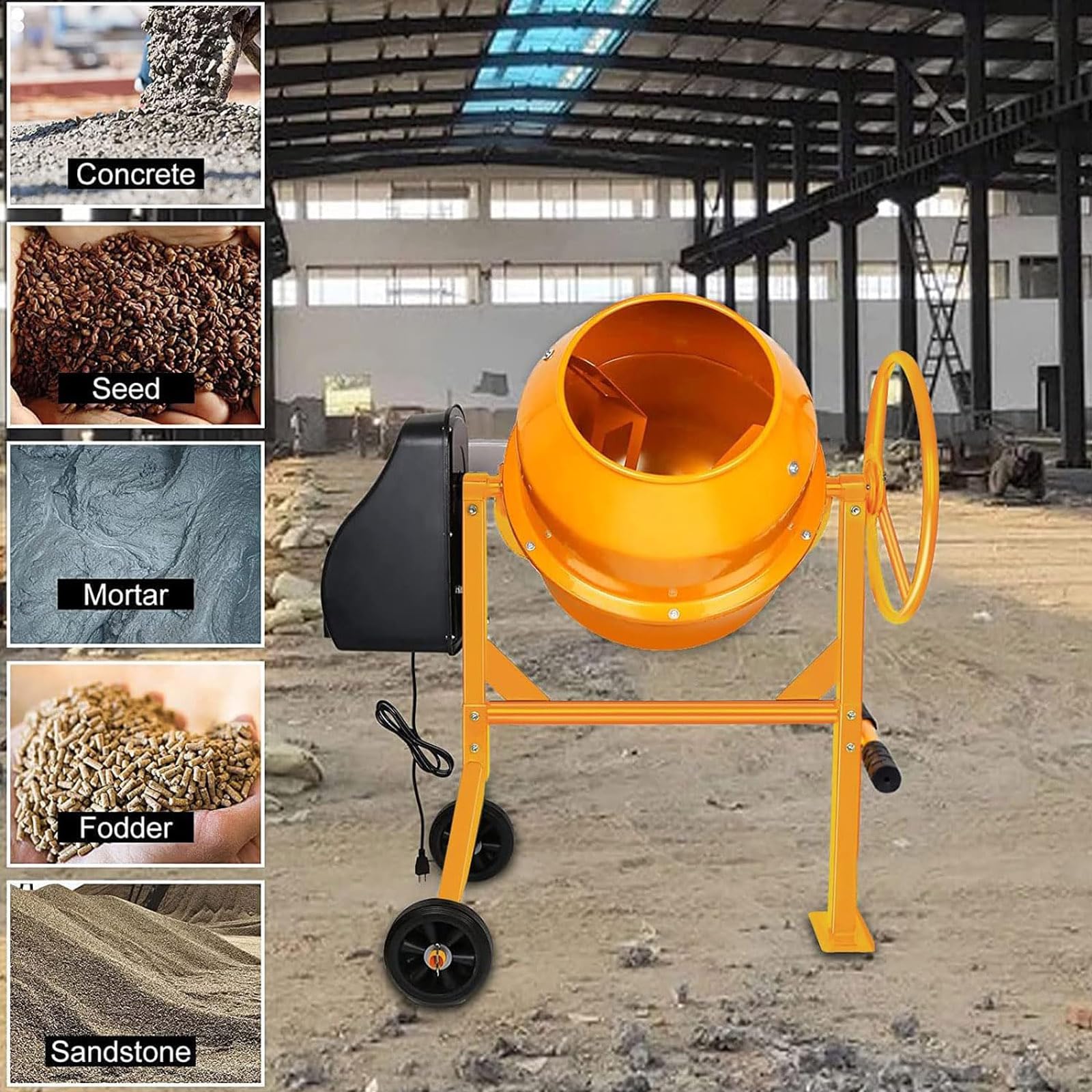 4.2 Cu Ft Electric Cement Mixer - 1/2 HP Heavy Duty Portable Concrete Mixer with 550W Motor & 7-Inch Wheels - Power Mixing Tool for Mortar, Stucco, Seeds, Feed - Ideal for Construction, DIY Projects, Farm & Garden Work (Yellow, 120L)