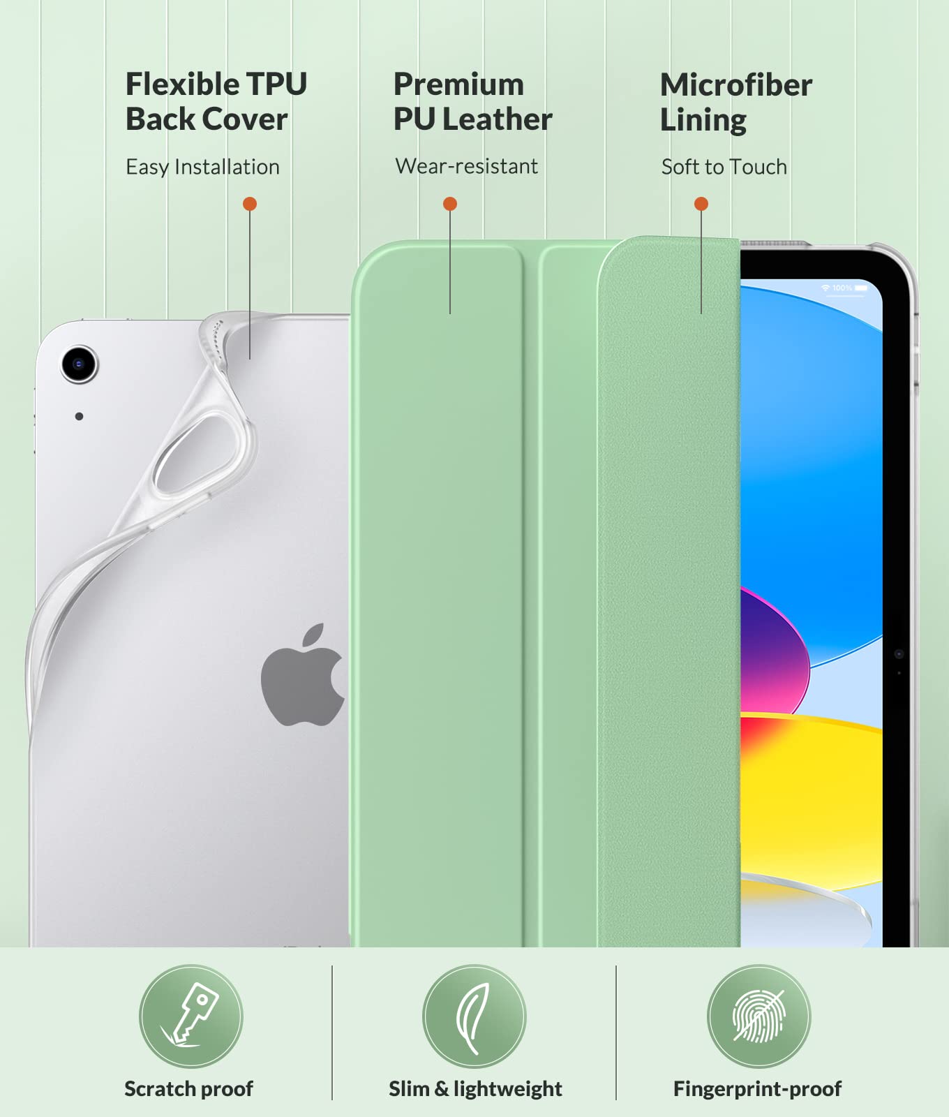 MoKo iPad Case for 11th Gen (2025) & 10th Gen (2022) - Slim Protective Cover with Frosted Translucent TPU Back, Auto Sleep/Wake, Touch ID Compatible - Perfect for Work, School & Travel (Green)