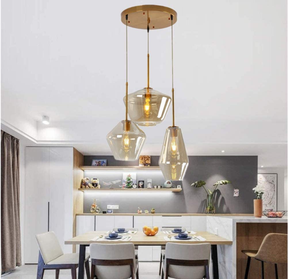 Vintage 3-Light Kitchen Island Glass Chandelier Pendant Light Fixture - Antique Gold Finish Flush Mount Ceiling Light for Dining Room, Cafe, Bar | Perfect for Farmhouse, Industrial & Rustic Home Decor