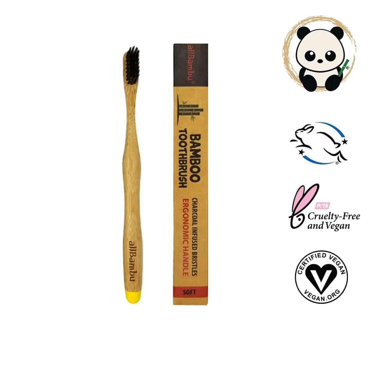 AllBambu Kids Bamboo Toothbrush - Eco-Friendly & Soft Bristles for Gentle Cleaning - Perfect for Home, Travel & Sustainable Oral Care (Yellow)