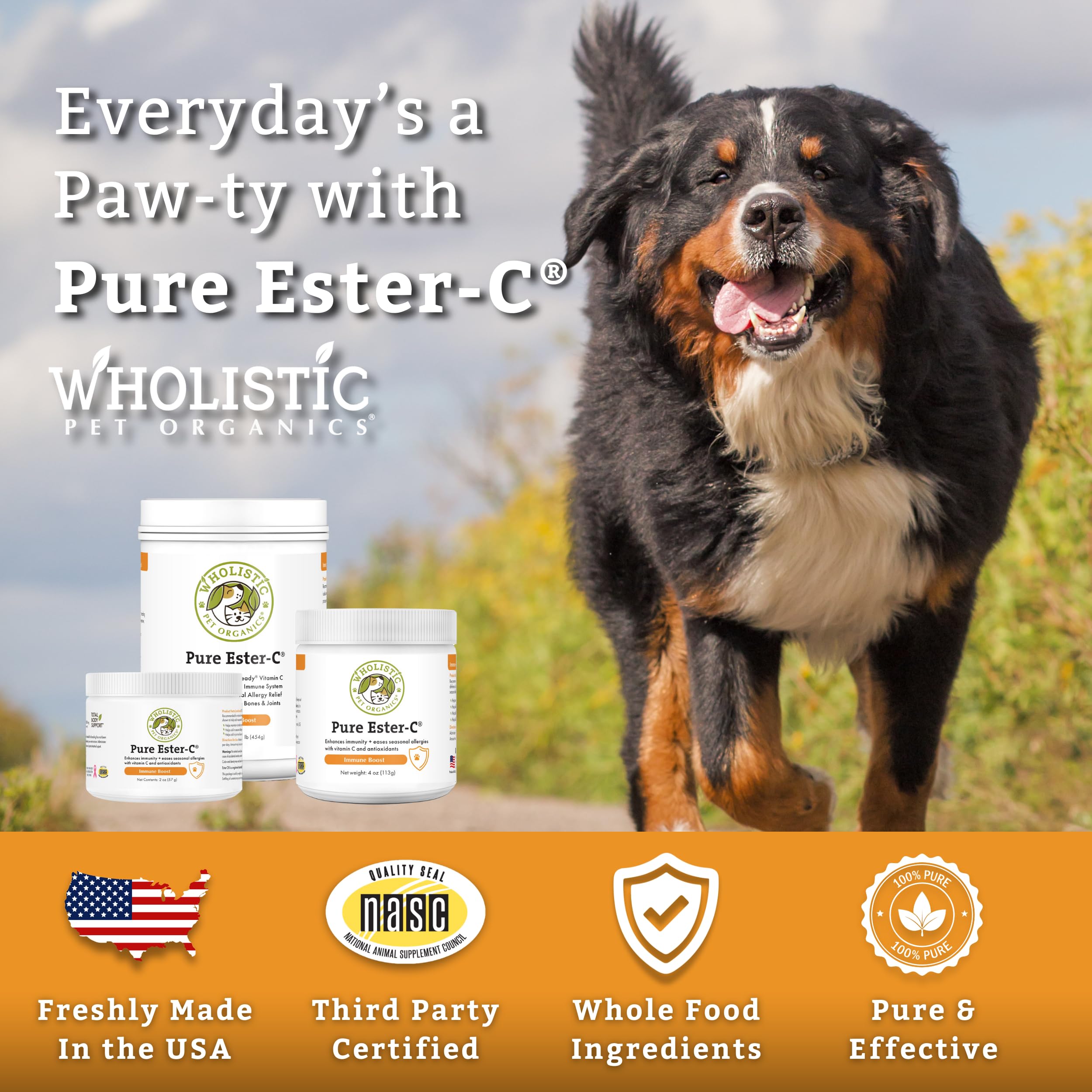 Wholistic Pet Organics Pure Ester-C Powder for Dogs & Cats - 1 Pound Vitamin C Supplement for Immune Support, Skin & Coat Health, Allergy Relief | Dog & Cat Vitamin Powder for Itchy Skin, Homemade Pet Food | Supports Joint Health & Recovery After Exercise