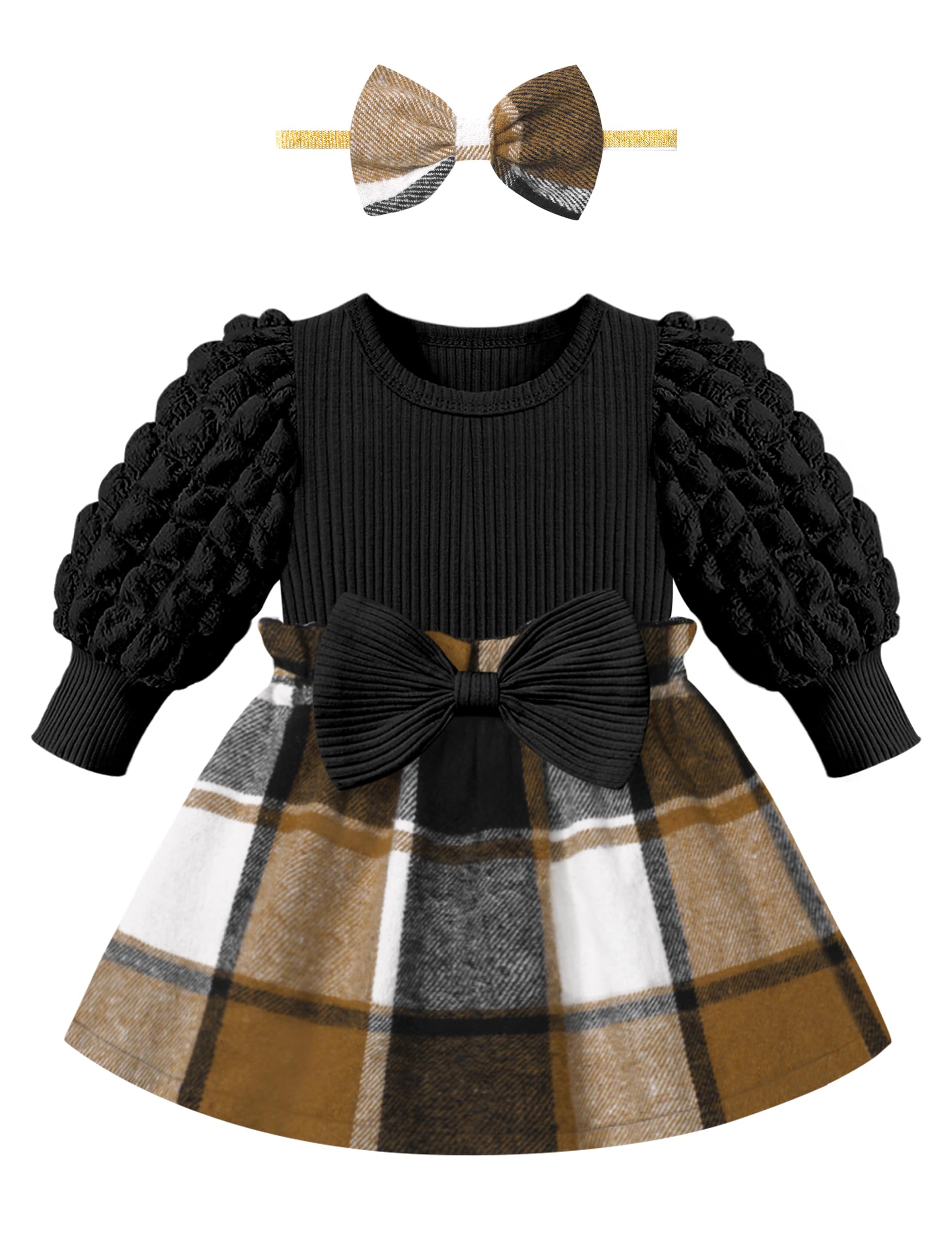 Qaoerde Baby Girl Dress - Puff Sleeve Plaid Ribbed Newborn Outfit with Bowknot Headband | Fall Winter Clothes for Infants | Perfect for Holiday Photos, Birthday Parties & Family Gatherings